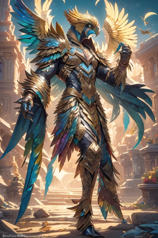 Gold, male, muscular, hawk, hawk in full golden armor, hawk head instead of a human head, (wings on back, wings coming out of back,his wings spread), (( hawk head, long beak, long beak pertruding from face, golden feathers, piercing blue eyes)), shiny, shine, talons, radiating light from character, facing viewer, long feathers jutting off of head, ornate golden armor trimmed in jewels