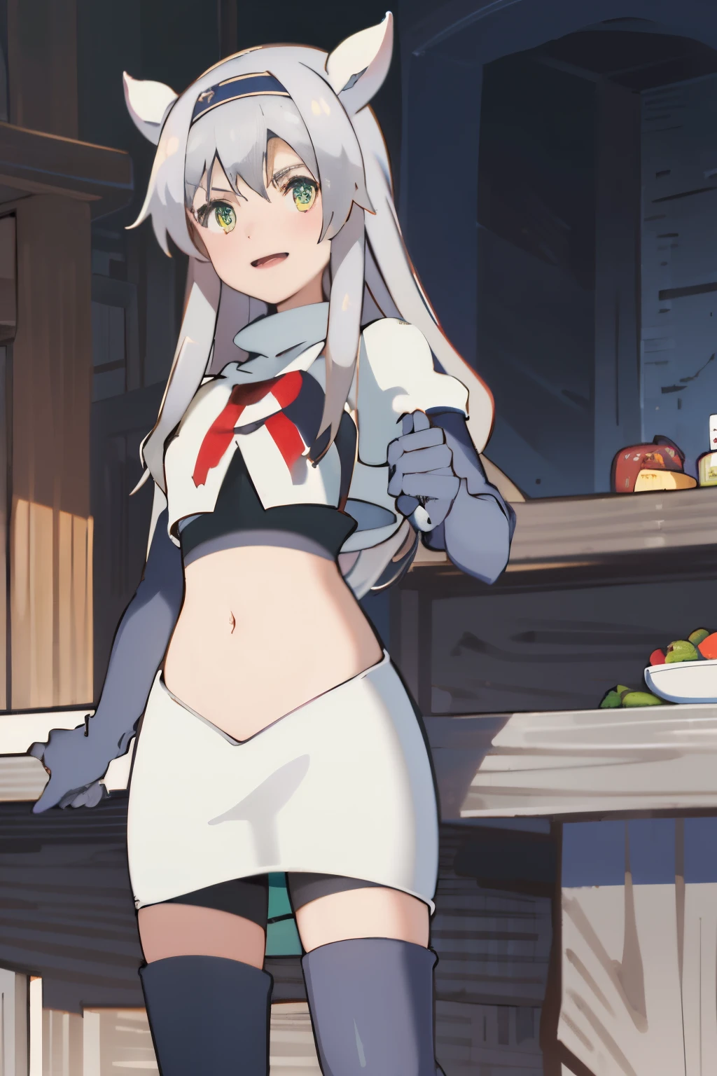 best quality, (masterpiece:1.2), detailed, medieval,
Sistine Fibel,
1girl, solo, open mouth, light smile, blush,
long hair, grey hair, green eyes, blue hairband, animal ears,
team rocket,team rocket uniform,white skirt,crop top,red letter R,black thigh-high boots,black elbow gloves,