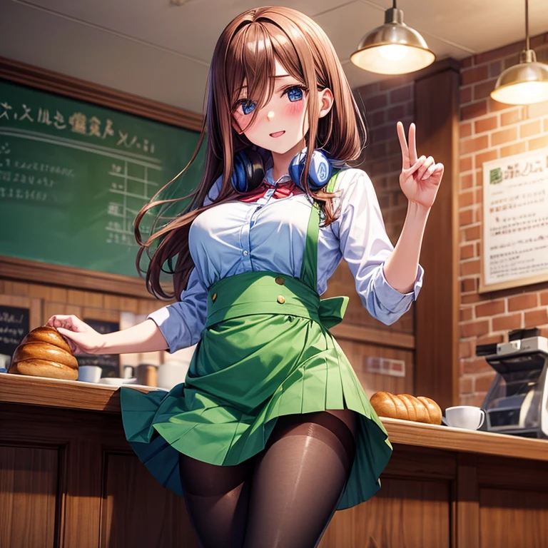 Schoolgirl with brown hair、Green skirt、(Blue headphones)、Apron、Semi-long hair、baker、Black pantyhose、(Sheer panties)、red blush、Solo、Inside the coffee shop、breads