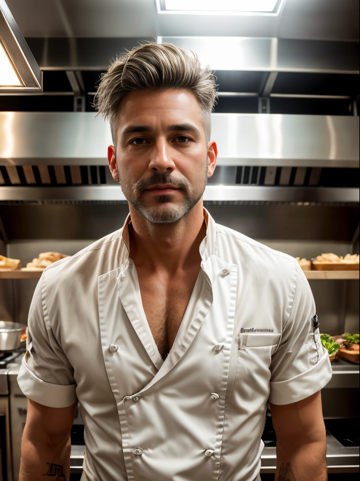 masterpiece, best quality, high resolution, closeup portrait, male focus, solo focus, A man, 45 years old, with chef uniform, unbuttoned chef suit, chef, bleached blonde silver hair, looking french, messy short hairstyle, cute and seductive face, bare chest, body hair, facial hair, facial hair unshaved, short trimmed mustache, attractive, italian, roman nose, very skinny body, hairy legs, dimples, medium beard, bold jawline , in the background a restaurant kitchen, food, view from below, amazing composition, front view, HDR, ultra quality, elegant, highly detailed