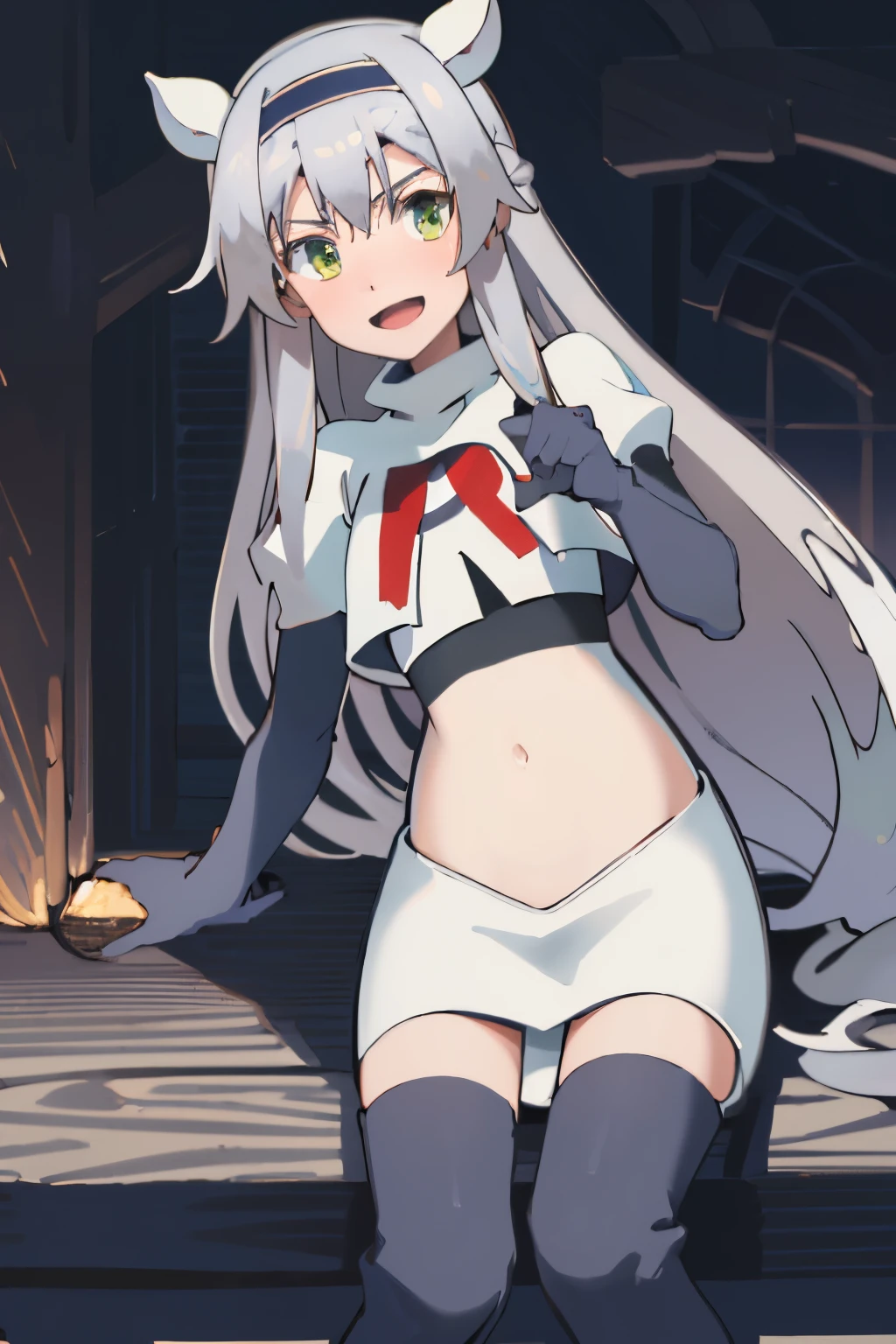 best quality, (masterpiece:1.2), detailed, medieval,
Sistine Fibel,
1girl, solo, open mouth, light smile, blush,
long hair, grey hair, green eyes, blue hairband, animal ears,
team rocket,team rocket uniform,white skirt,crop top,red letter R,black thigh-high boots,black elbow gloves,
