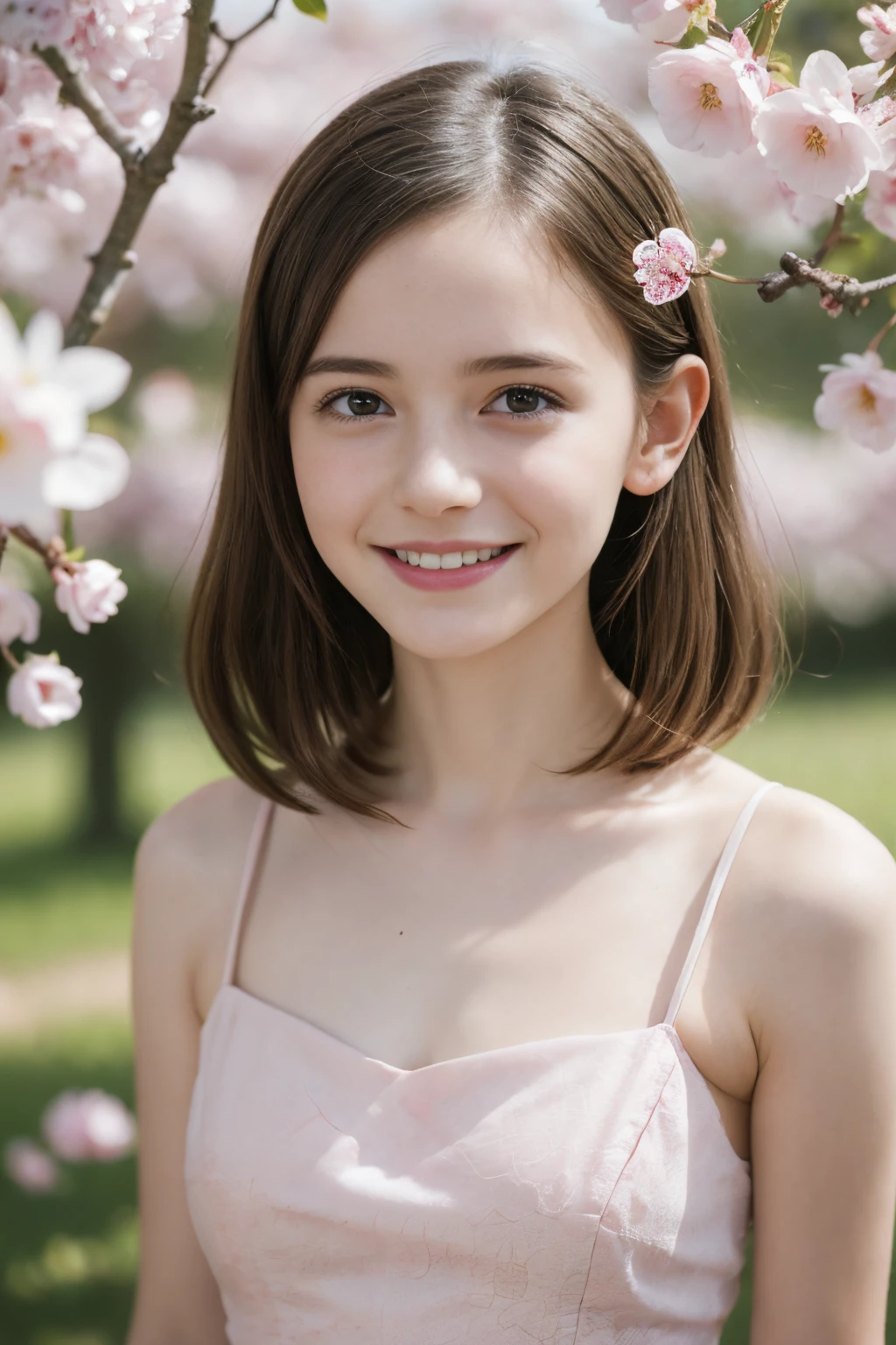 Masterpiece, Best quality, 8k, 18 ans, Photo brute, absurdes, Award-winning portrait, sourire, sourire, pure, french, pink dress, spring, petite, orchard in bloom, Helena