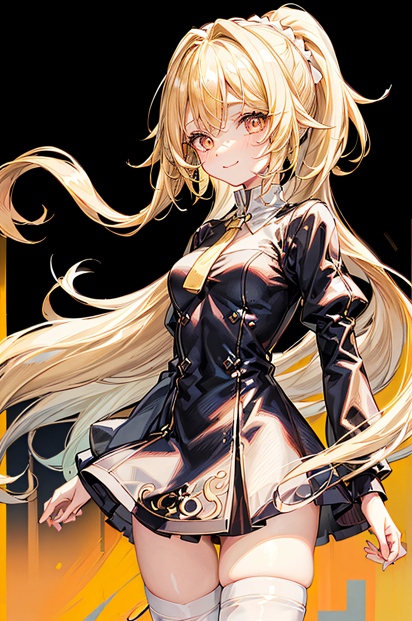 masterpiece, best quality, perfect face, expressive eyes, 1girl, anime, adult, golden hair, black eyes, holding a gold coin, yellow cheongsam, tied hair bun, white flower hair ornament, black gloves, golden hairpin,