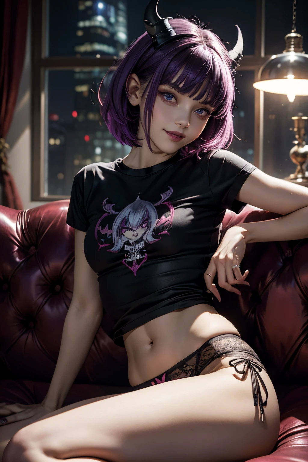 Small Petite body, (Goth), Marta Gromova (Ukrainian Model), short hair, purple hair with red highlights, two small black devil horns in her head, cute petite face, beautiful, tiny tits, wearing panties and a t-shirt, sexy pose, slutry smile face, lying on a couch, in a modern room, at night