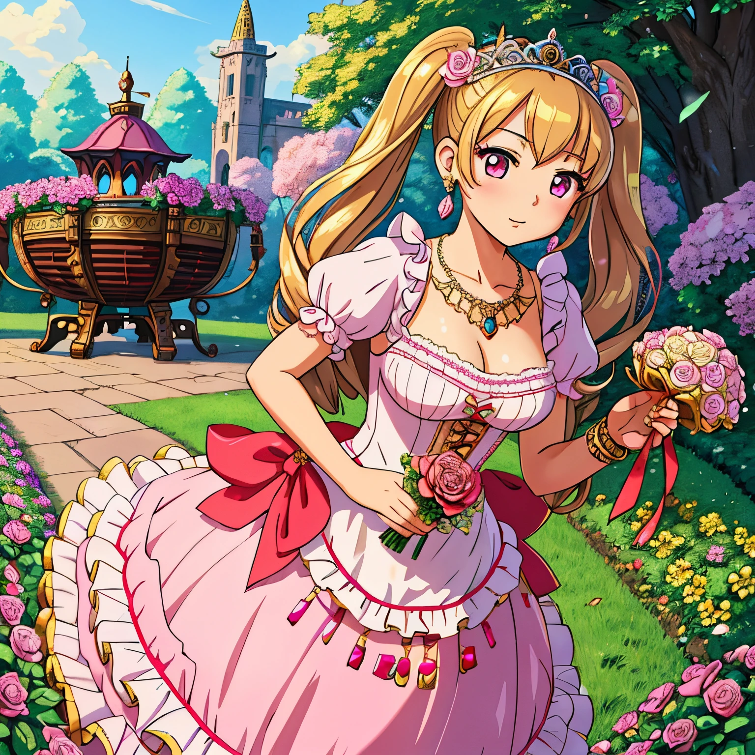 best quality,highres:1.2),ultra-detailed,realistic,anime style,portrait,full-length,pretty 15 years old princess,beautiful detailed eyes,cute happy expression,long red pigtails hair,pink eyes,small breast,makeup and lipstick,steampunk,golden gears and machinery details,red and white ball gown with puffy sleeves,lace trim and ruffles,elaborate embroidery,delicate lace gloves,pretty tiara adorned with gems,fancy necklace and earrings,princess holding a rose bouquet in her hand,standing in a lush garden with blooming flowers,cobblestone pathway,steampunk landscape with floating islands and airships,cotton candy-colored clouds,soft golden sunlight illuminating the scene