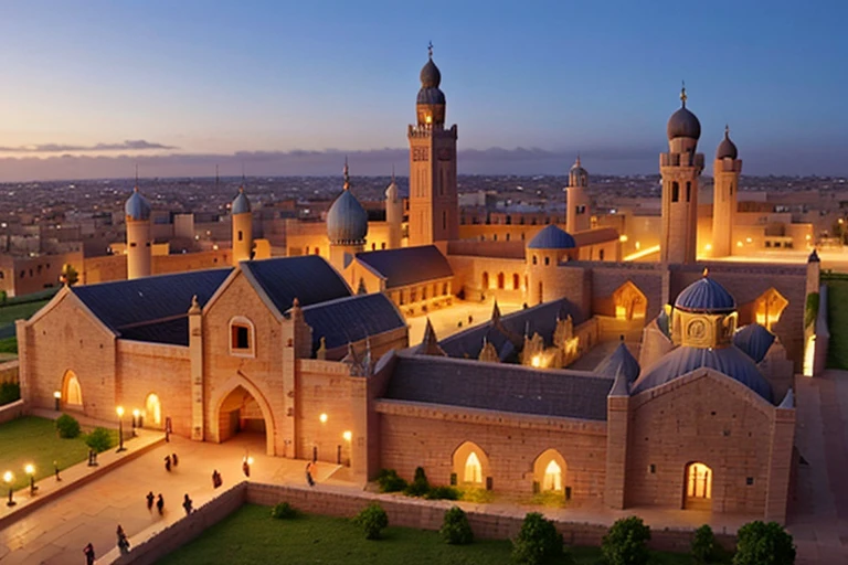 arafa view of a large building with a clock tower and a clock tower, Cidadela de Erbil, imagem impressionante, gothic baroque citadel, UNIVERSIDADE, a wide open courtyard in an epic, uma cidade medieval, Directed by: Abdullah Gërguri, Cidade Velha Mardin, Castelo da Cidade Velha de Mardin, huge imposing magical university, Directed by: Ahmed Karahisari, foto deslumbrante