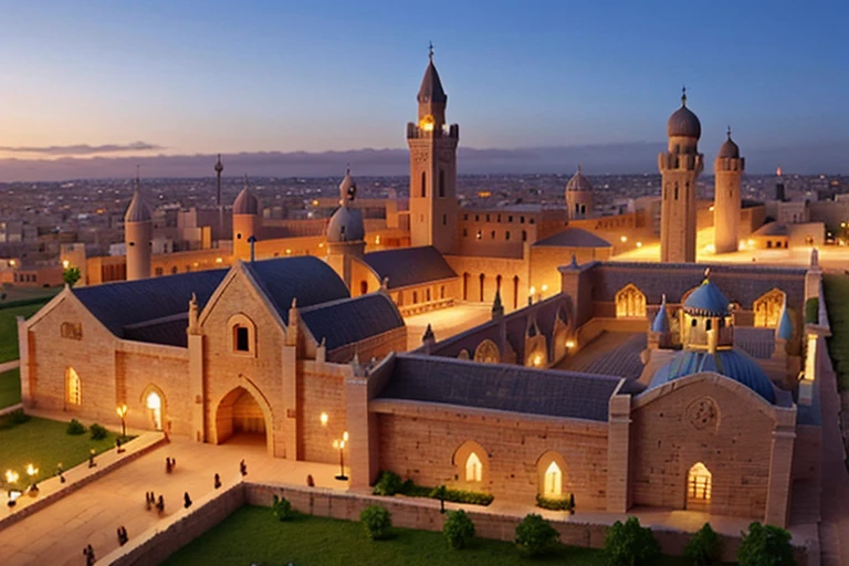 arafa view of a large building with a clock tower and a clock tower, Cidadela de Erbil, imagem impressionante, gothic baroque citadel, UNIVERSIDADE, a wide open courtyard in an epic, uma cidade medieval, Directed by: Abdullah Gërguri, Cidade Velha Mardin, Castelo da Cidade Velha de Mardin, huge imposing magical university, Directed by: Ahmed Karahisari, foto deslumbrante
