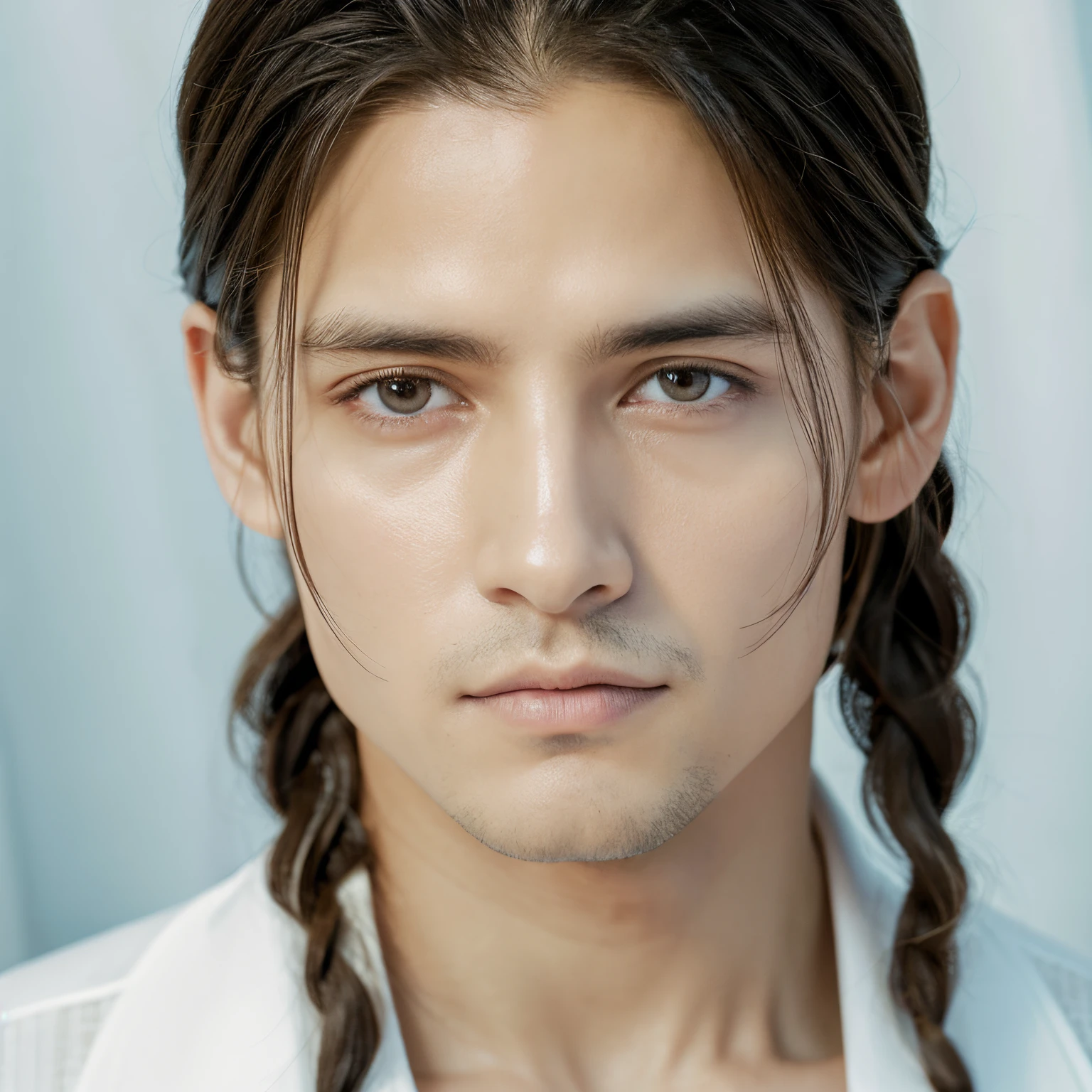 Bata blanca，piel blanca，Cabello whaite，trenza larga，tmasterpiece, hombre, ojos celestes, angelical