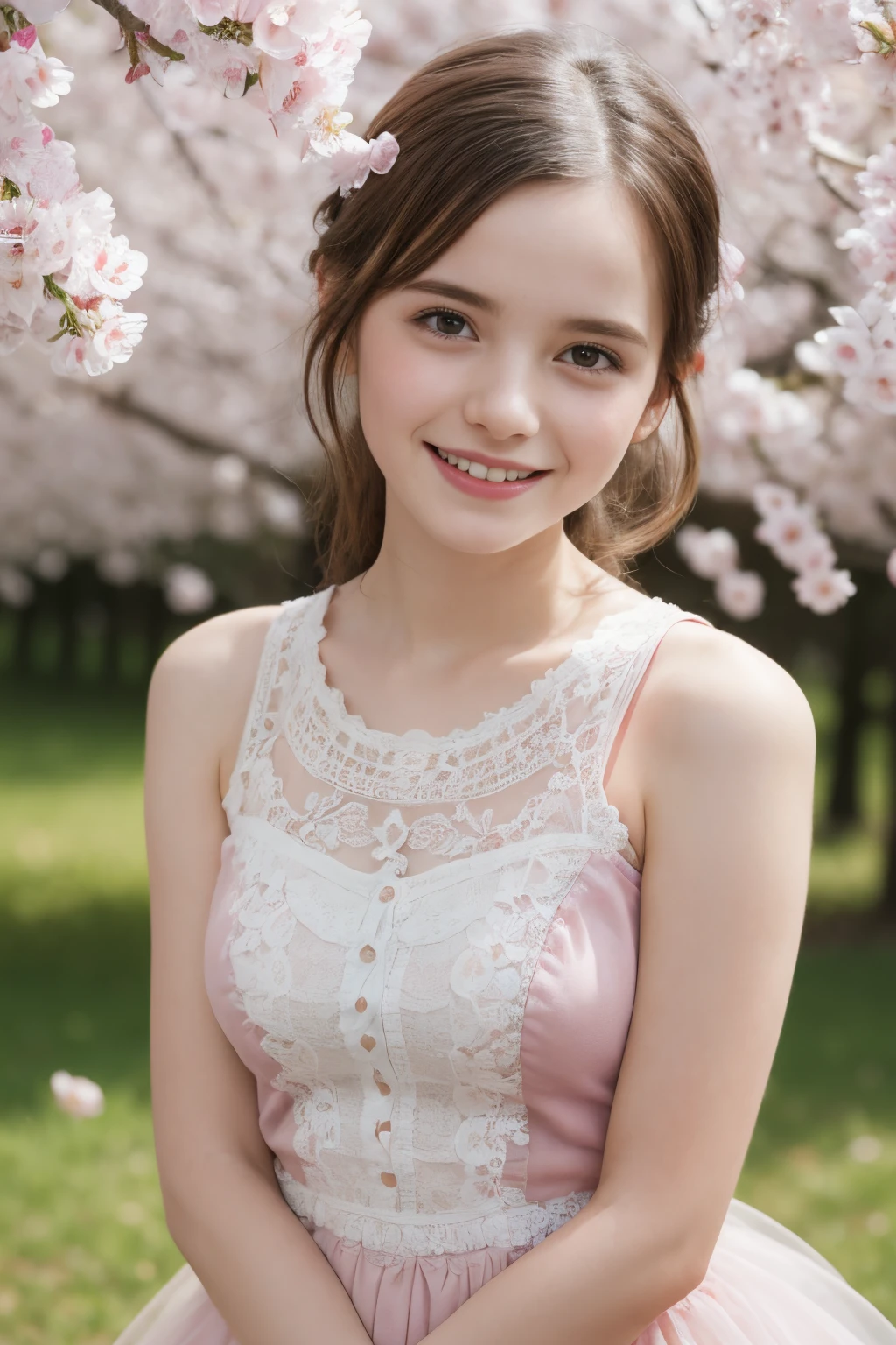 Masterpiece, Best quality, 8k, 18 ans, Photo brute, absurdes, Award-winning portrait, sourire, sourire, pure, french, pink dress, spring, petite, orchard in bloom, laces