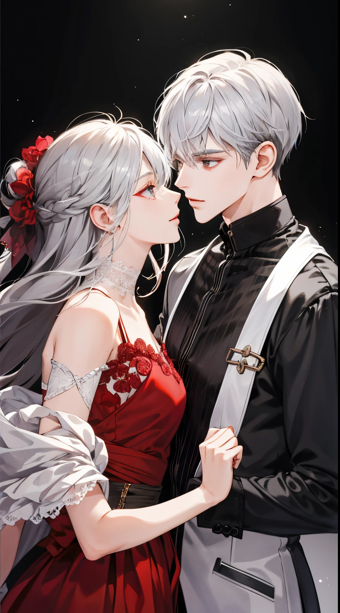 (extreamly delicate and beautiful:1.2), 8K, (tmasterpiece, best:1.0), Two male, One female, Upper body body, black-haired, silver hair, red dark hair, love triangle, 2 male 1 female - love triangle, vibrant colors