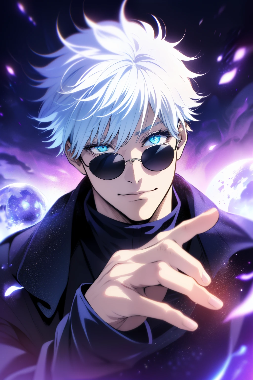 ((High detail、Cinematic lightinessy white hair、Aquamarine eyes、White lashes、god rays、Ray tracing、drop shadow、optical 、Haut du corps、Looking at the camera、Masterpiece、((Super Detail、Best Quality、8K))、Jujutsu Kaisen、Gojo Gojo、Black attire、Surgical unfolding、Perfect jet black background、serene look、powerful beinystical atmosphere、(Strange moonlight、ominous shadows、 Intense blue aura、 Intense red aura、Symbol of the power that surrounds him、Radiating magical energy、Mystical artifacts、Ether particles、dinamic pose、Epic soundtrack、(((Detailed hand)))、sunglass