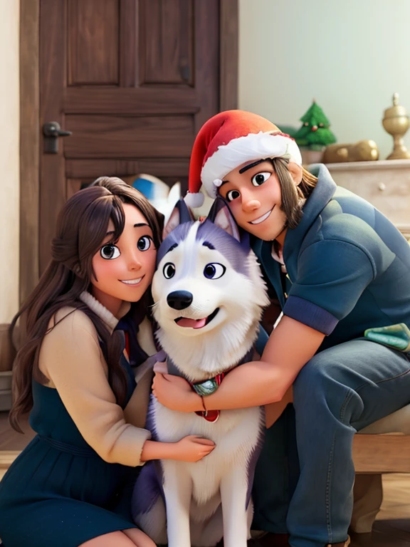 Pareja feliz con un husky en navidad