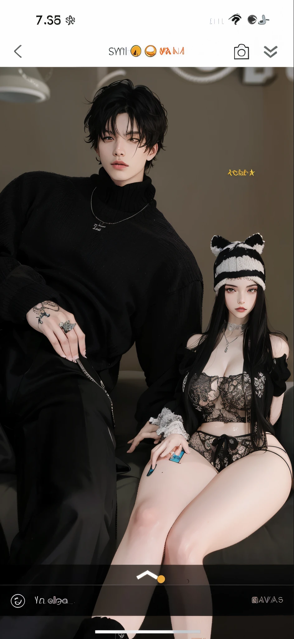 Hermosa piel detallada, ropa detallada, cuerpo detallado, couple sitting on a sofa
