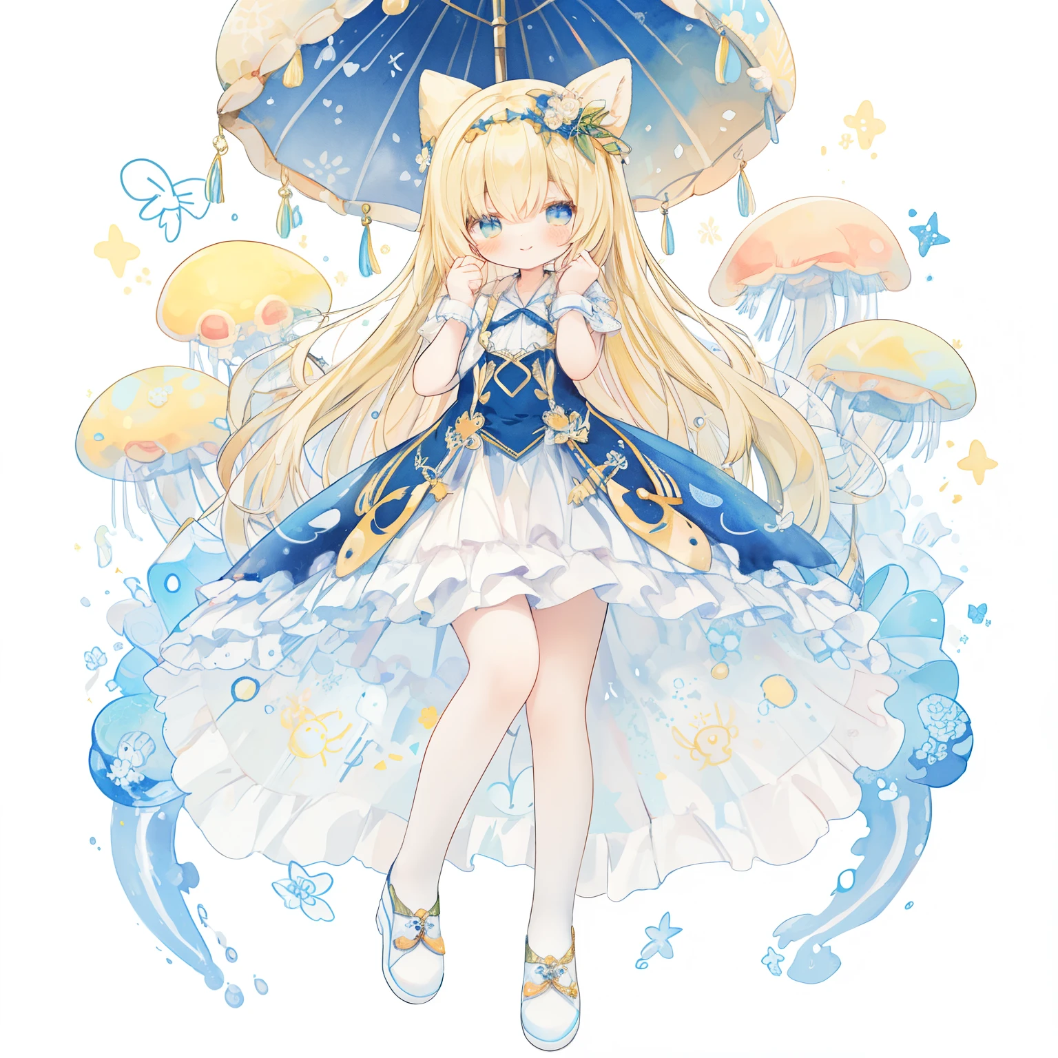 1girl in、(PastelColors:1.5)、(Cute illustration:1.5)、(watercolor paiting:1.2)、(1girl in:1.0)、(blonde  hair:1.2)、jumpping、levitation、a smile、hair between eye、White background、girl with、full body Esbian、Jellyfish、Jellyfish girl, Umbrella like a jellyfish、Dresses with bulging skirts、The skirt part bulges、Jellyfish pattern design, Good Style、Double Layer Yellow Long Dress Skirt、Glitter in the heart、White and yellow motifs, Thin yellow、Cute, Floral ornament on the head、Jellyfish、cute hair arrange, long、Wavy Hair、Smile, , Fantasy, Detailed picture、Fluttering、Cute shoes、A slight smil、Very cute、adolable、Calm、hight resolution、high-level image quality ,Thick wool gown:0.4