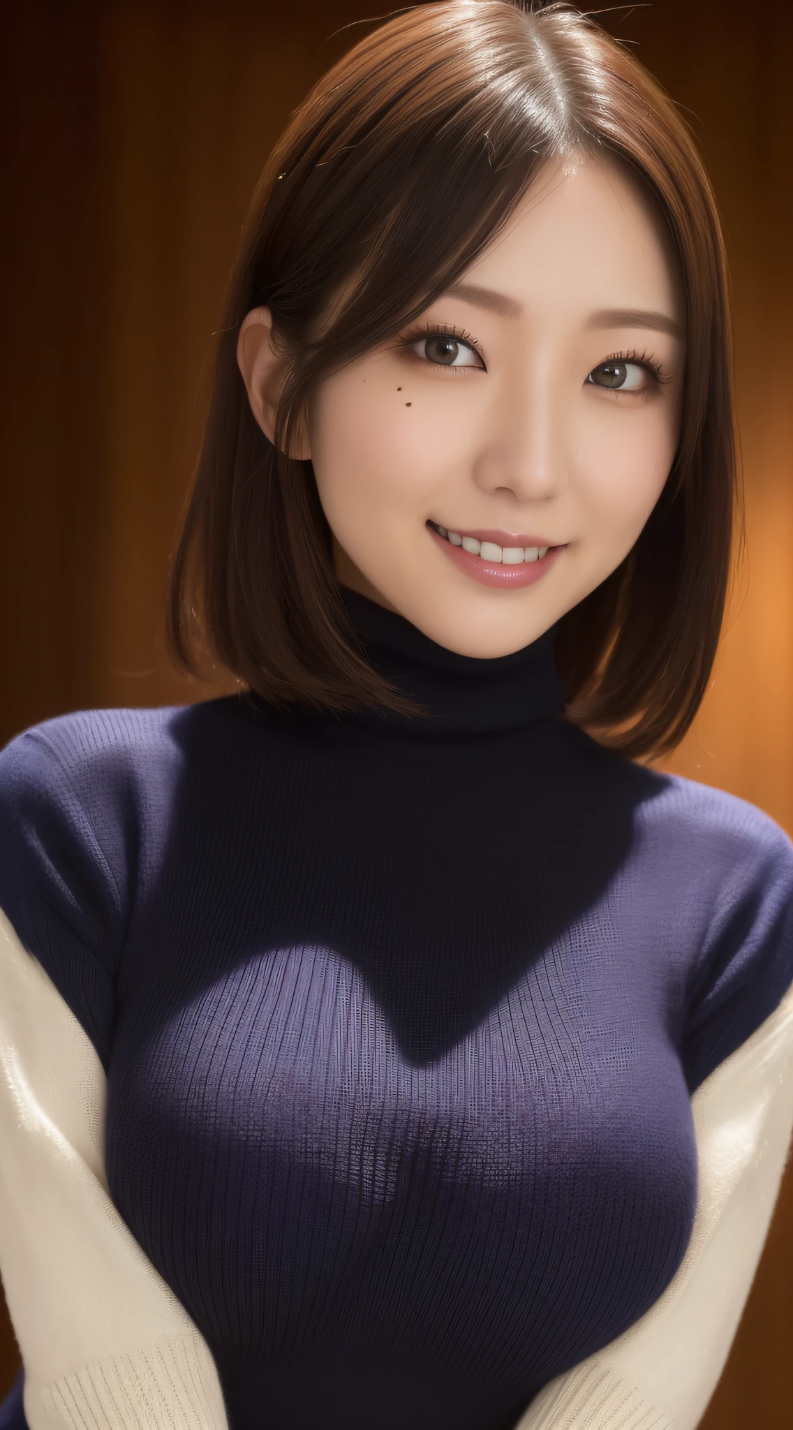 Japan woman in turtleneck sweater、
(((masterpiece))), ((top-quality)), ((intricate detailes)), (((hyper realisitic)), Absurd resolution, Near and far law, ighly detailed, Realistic, 1girl in, ((Colossal tits)), perfect hand, Detailed finger, beatiful detailed eyes, shorth hair, Brown-eyed,(turtle neck:1.2), tight skirts, 细致背景, a choker, perfect eyes, mesmerizing eyes, Look at viewers, from the front side、A smile、Mole on the mouth、Knitted dresses