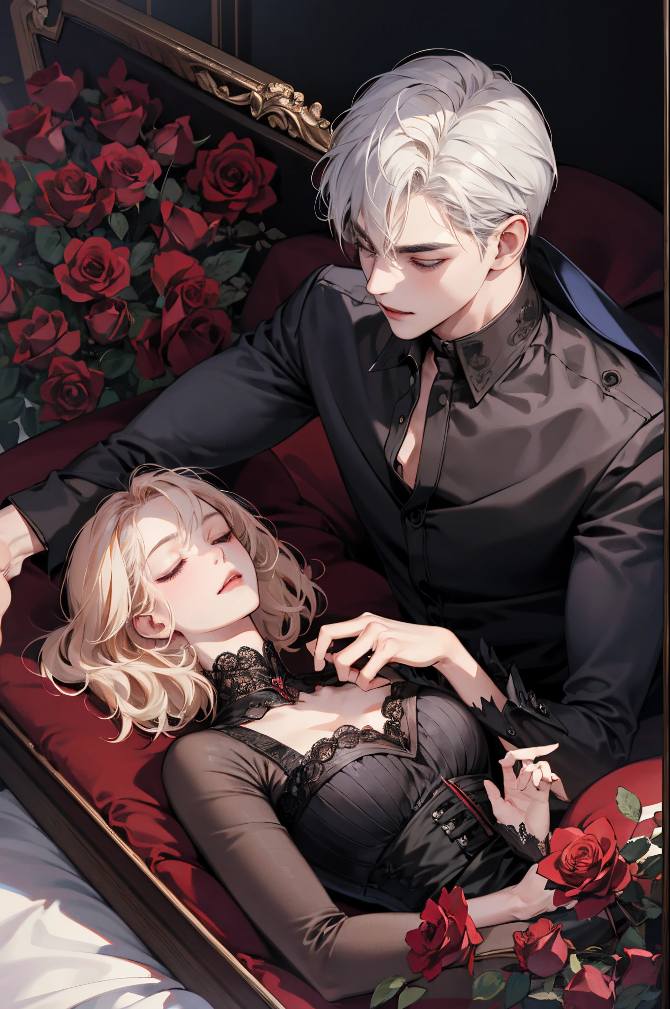 Masterpiece, best quality, high quality, ultra detailed, (absurdres, highres, ultra detailed), couple sleep, 1 girl 1 boy, vampire love, roses, coffin