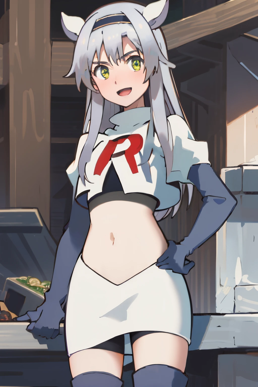 best quality, (masterpiece:1.2), detailed, medieval,
Sistine Fibel,
1girl, solo, open mouth, light smile, blush,
long hair, grey hair, green eyes, blue hairband, animal ears,
team rocket,team rocket uniform,white skirt,crop top,red letter R,black thigh-high boots,black elbow gloves,