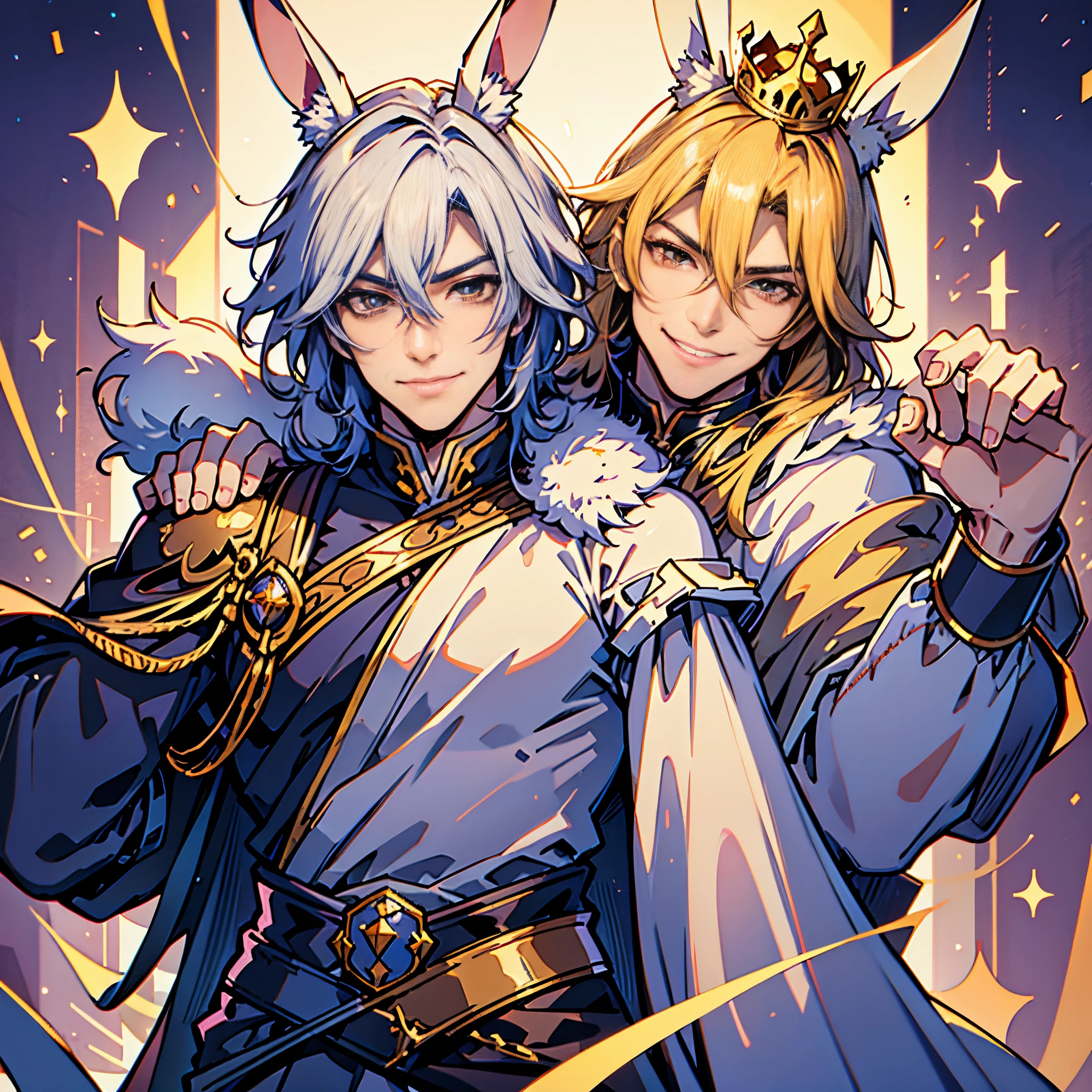 Two handsome male friends ,rabbit ears,prince,crown,smilie,enjoyed, anime style pose