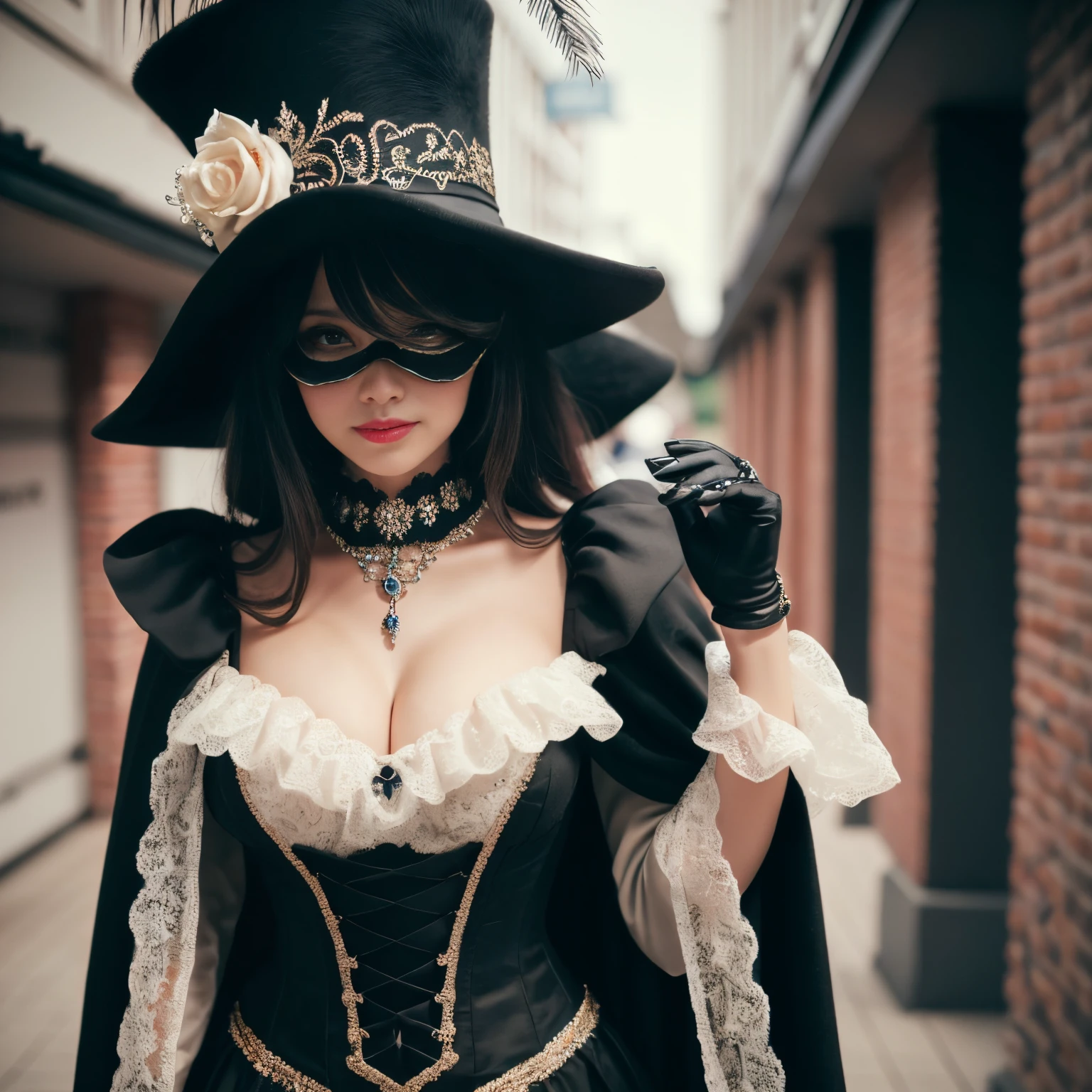 ((top-quality、masutepiece、8K、Top image quality、Very complex and detailed details))、(1 female phantom thief:1.1)、(perfect thief costume:1.2)、Long Wave Hair、(precise black top hat:1.2)、(Intricate black mask for masquerade:1.3)、(Black Venetian mask with intricate decoration:1.3)、(large plain black cloak:1.1)、(plain black corset:1.1)、Flesh-colored skin、outside the museum at night、(warm lighting at night:1.1)、medieval europe alley、Outside the huge and luxurious European Museum、(upper body of a walking woman:1.2)、A cool smile staring at me