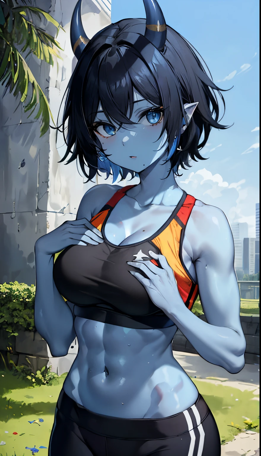 (masterpiece,best quality,ultra-detailed),1girl,black hair,short hair, messy hair,yoga pants, sports bra,(sportswear),(Seductive),oni horns,(((colored skin,blue skin))),strong abs, in a park,hands below