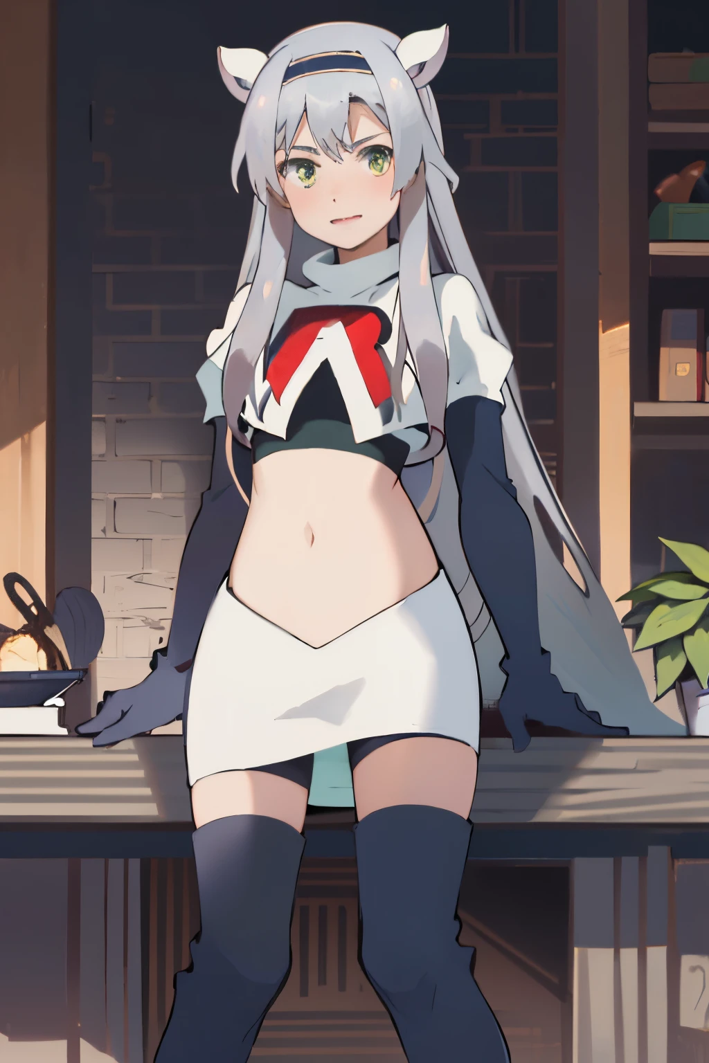 best quality, (masterpiece:1.2), detailed, medieval,
Sistine Fibel,
1girl, solo, open mouth, light smile, blush,
long hair, grey hair, green eyes, blue hairband, animal ears,
team rocket,team rocket uniform,white skirt,crop top,red letter R,black thigh-high boots,black elbow gloves,