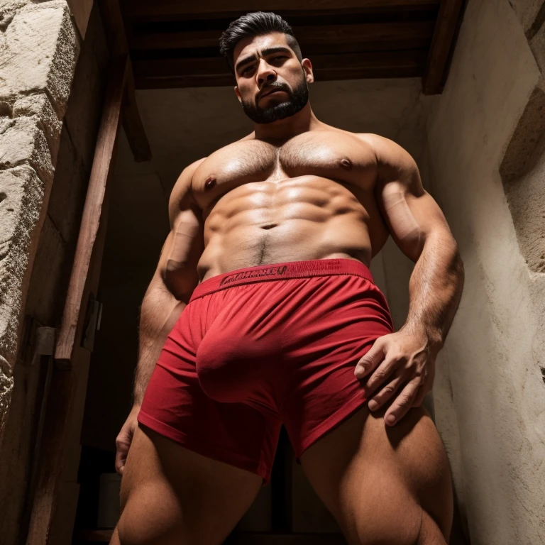 Hombre latino guapo, en boxers, with a very large and long bulge in his crotch, usando disfraz de asesino en serie, se tiene que ver la cara