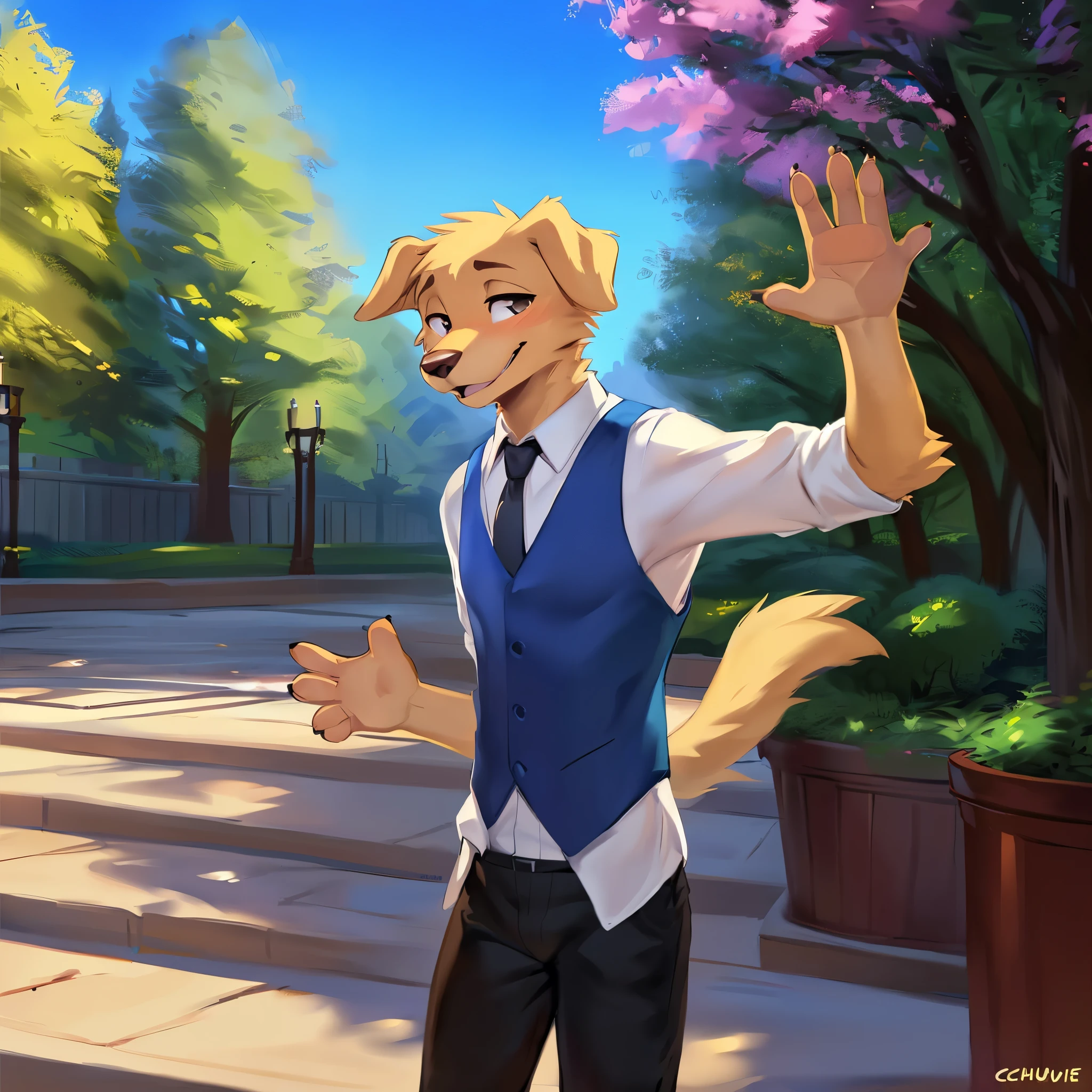 By chunie, by bebebebebe, by teranen, by fluff-kevlar, by zaush, by fluff-kevlar by Zackary911, uploaded to e621, (((high quality))), Furry, solo, male, (((Jack))), (golden retriever) (Beastars), yellow fur, (white undershirt), (blue vest), (black tie), (black pants with suspenders), (((twink))), (((twink body))), (((small body))), (looking at viewer), waving, (((shy expression))), (((happy expression))), background, (detailed background), courtyard, (tree in planter)