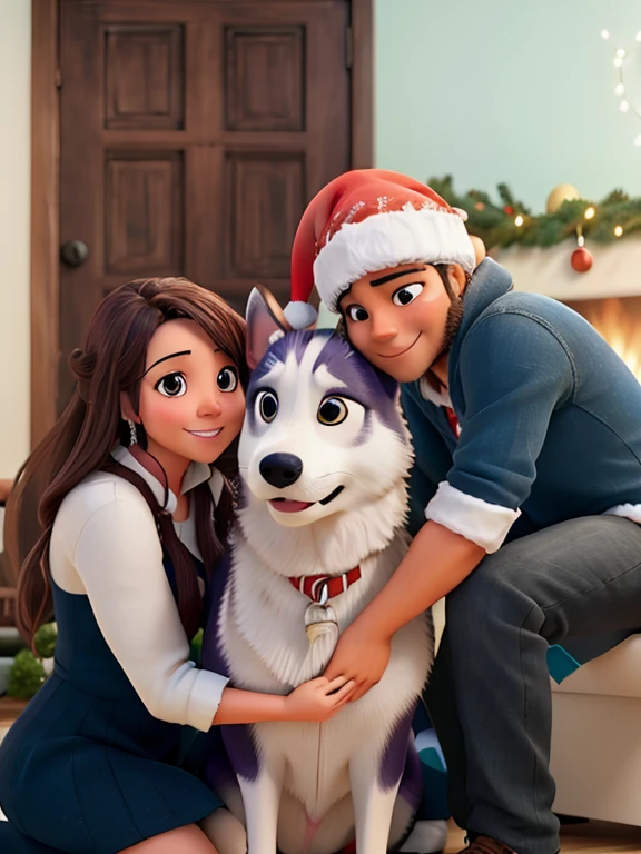 Pareja feliz con un husky en navidad