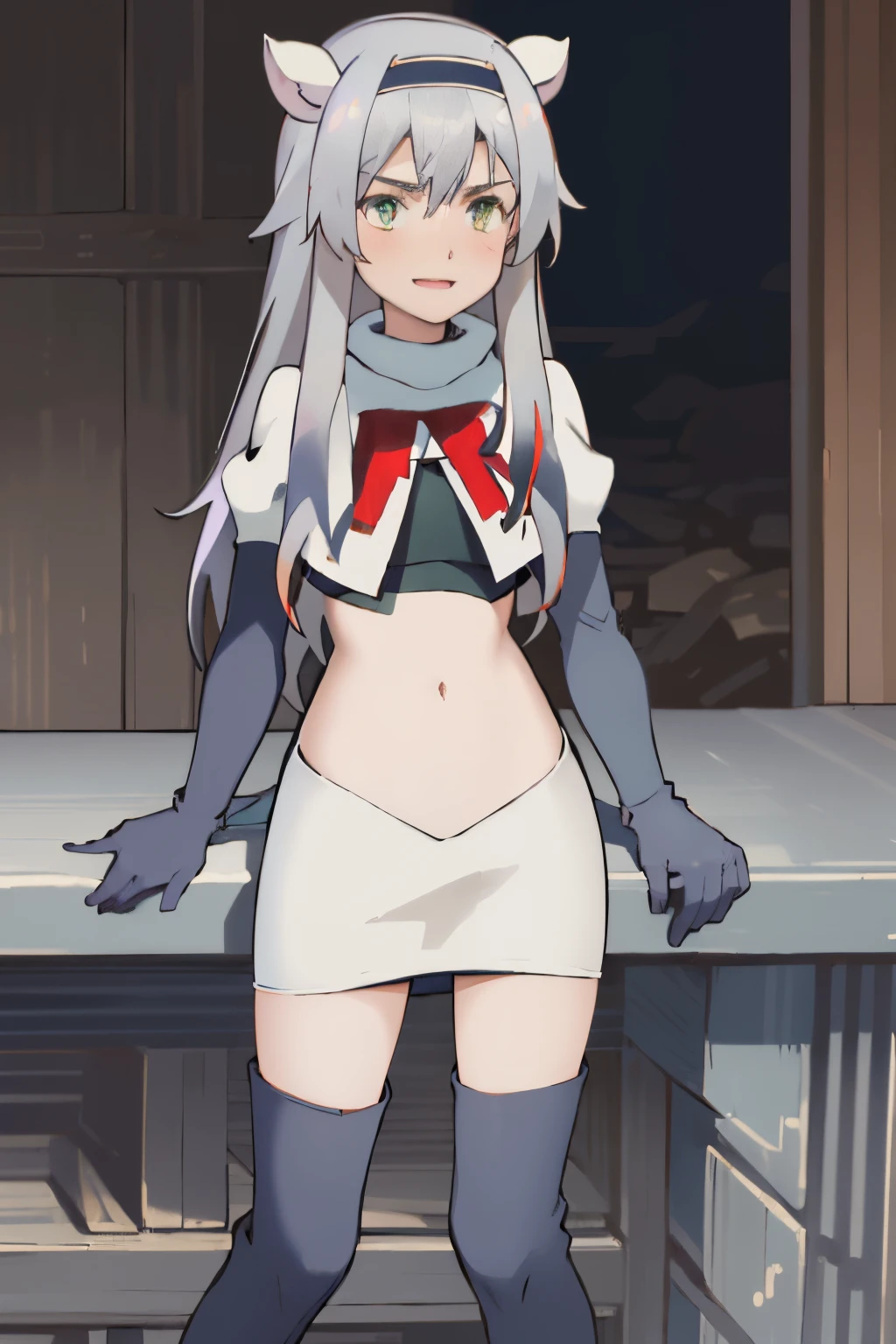 best quality, (masterpiece:1.2), detailed, medieval,
Sistine Fibel,
1girl, solo, open mouth, light smile, blush,
long hair, grey hair, green eyes, blue hairband, animal ears,
team rocket,team rocket uniform,white skirt,crop top,red letter R,black thigh-high boots,black elbow gloves,