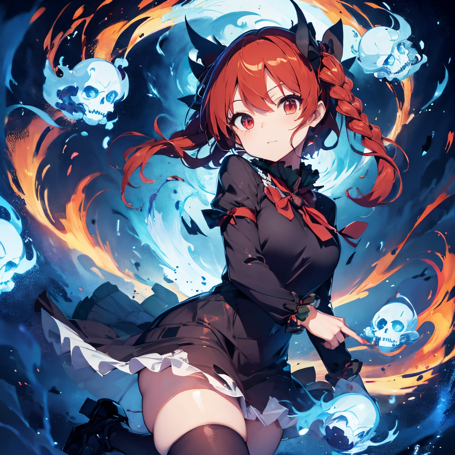 kaenbyou rin from touhou posing seductively, she is surrounded by blue flames and floating skulls,