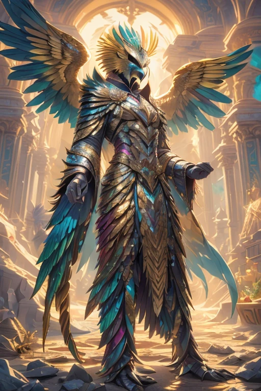 Gold, male, golden hawk, hawk in full golden armor, (((large hawk head, hawk head instead of a human head))), (wings on back, wings coming out of back,his wings spread), (( hawk head, beak, long beak, long beak pertruding from face, golden feathers, piercing blue eyes)), shiny, shine, talons, talons for hands, talons for feet, sunbeams coming from man, radiating light from man, facing viewer, long feathers jutting off of head, ornate golden armor trimmed in jewels