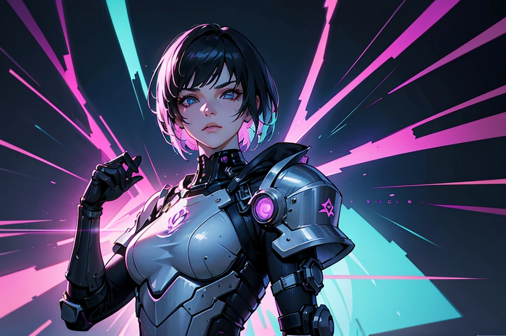 "Please create a UV Texture with the following characteristics: Representation of an entire glass, from the front, with a beautiful cyberpunk princess dressed in armor and short hair. The image must be hyper-realistic, with an extremely detailed face. The resolution texture should be 16k ."