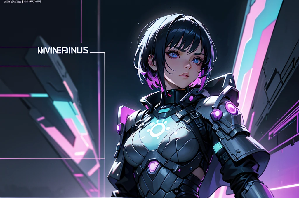"Please create a UV Texture with the following characteristics: Representation of an entire glass, from the front, with a beautiful cyberpunk princess dressed in armor and short hair. The image must be hyper-realistic, with an extremely detailed face. The resolution texture should be 16k ."