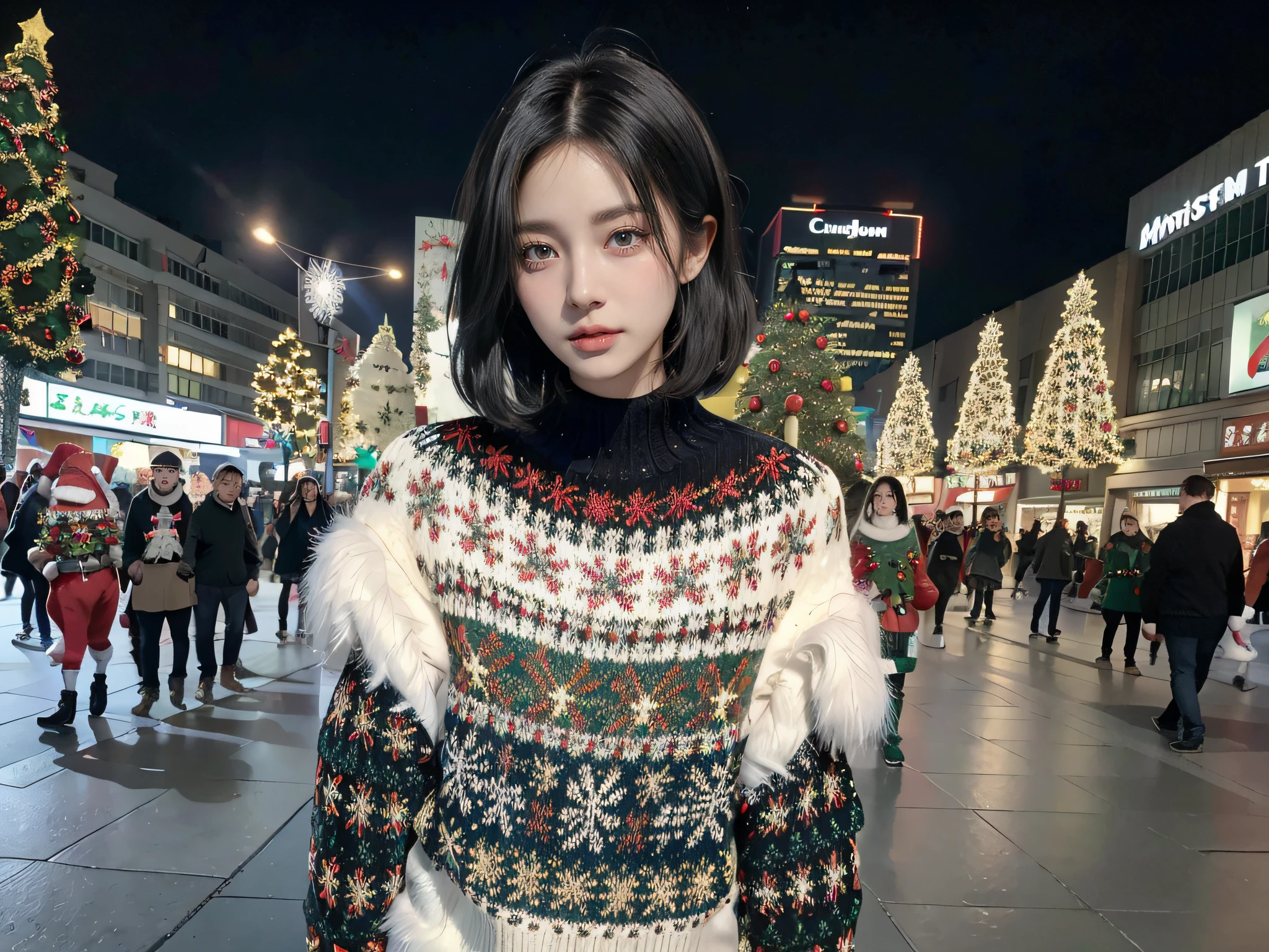 Realistic, Picture, CANON EOS D5, Well Lit, Wide Angle Camera, High Resolution, 8K Cinematic, Real Life Picture, Realistic Style, Movie Style,Realism,

Detailed Background, Beautiful Christmas Tree in the streets of tokyo, Tokyo Streets, Christmas Ambiance, crowded street

Full_Body, Full Body, Solo_Female, Solo Female, beautiful Black haired slender Russian Girl posing alluringly, Sexy Pose, Provocative Pose, short Black_Hair, Black Bob Hair, Short Bob Hair, ((Bob_Hair:1.2)),Woolen Red_Christmas_Sweater, ((Christmas_Sweater:1.5)), Perfect Proportions, Perfect Height, Perfect Anatomy, Detailed Face, Detailed Eyes, detailed facial features, perfect face, Russian_Girl:1.5, Perfect Body, perfect breasts, Realhands, Realistic Hands, Beautiful Hands, Perfect_Hands, Perfect_Fingers, Perfect_Thumb