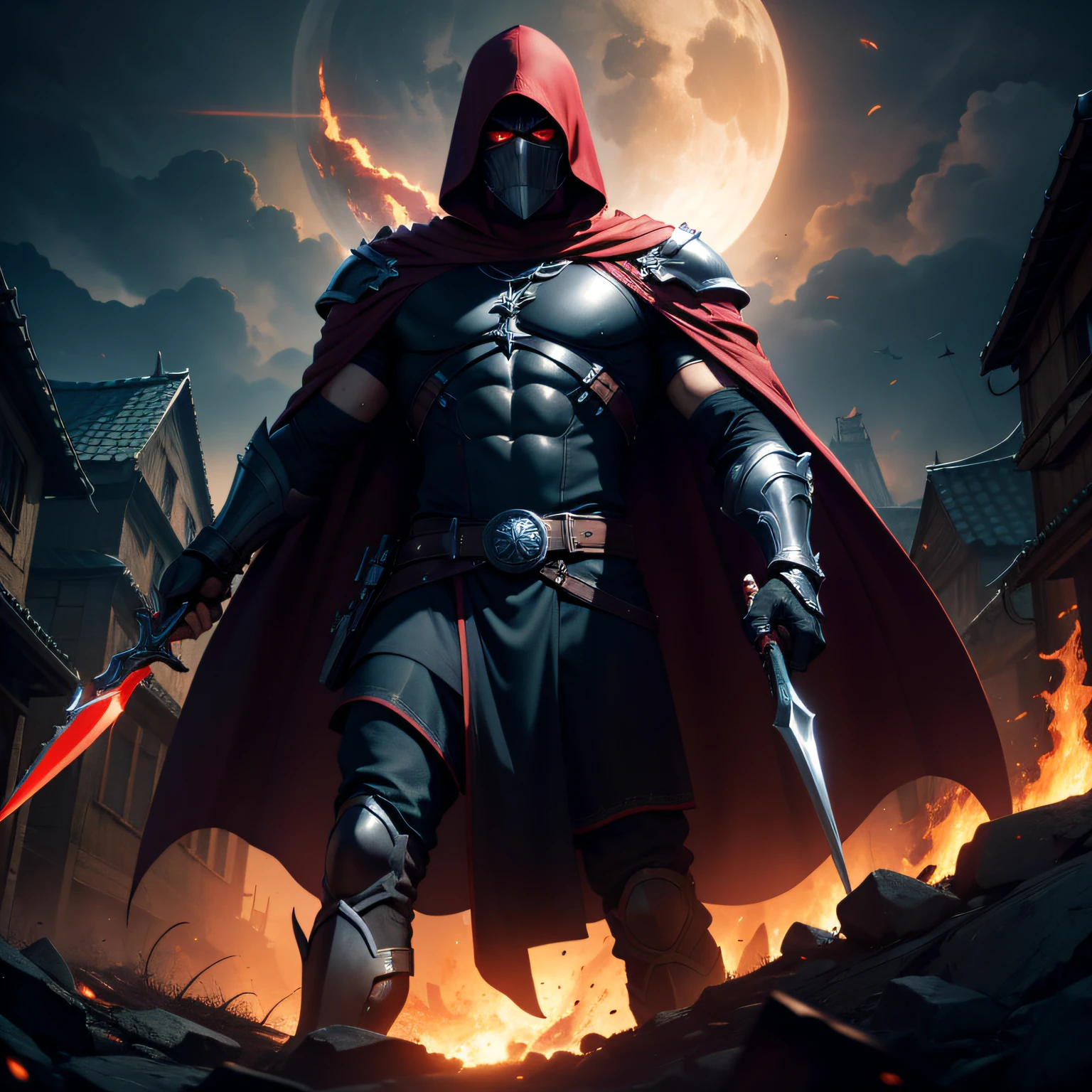 Ultra-detalhado CG unidade 8k master part, best quality, HDR, Tall, sinister dark assassin wearing a metal mask with bright red eyes of dark and light armor with a discreet red cape behind with sharp daggers in his arms walking into a burning village, Shredder standing tall and imposing, surrounded by his loyal soldiers, red studio lighting, Post-processing, 8K resolution, fundo escuro, imponente, Fotos meticulosamente compostas, impressionante, fantasia sombria