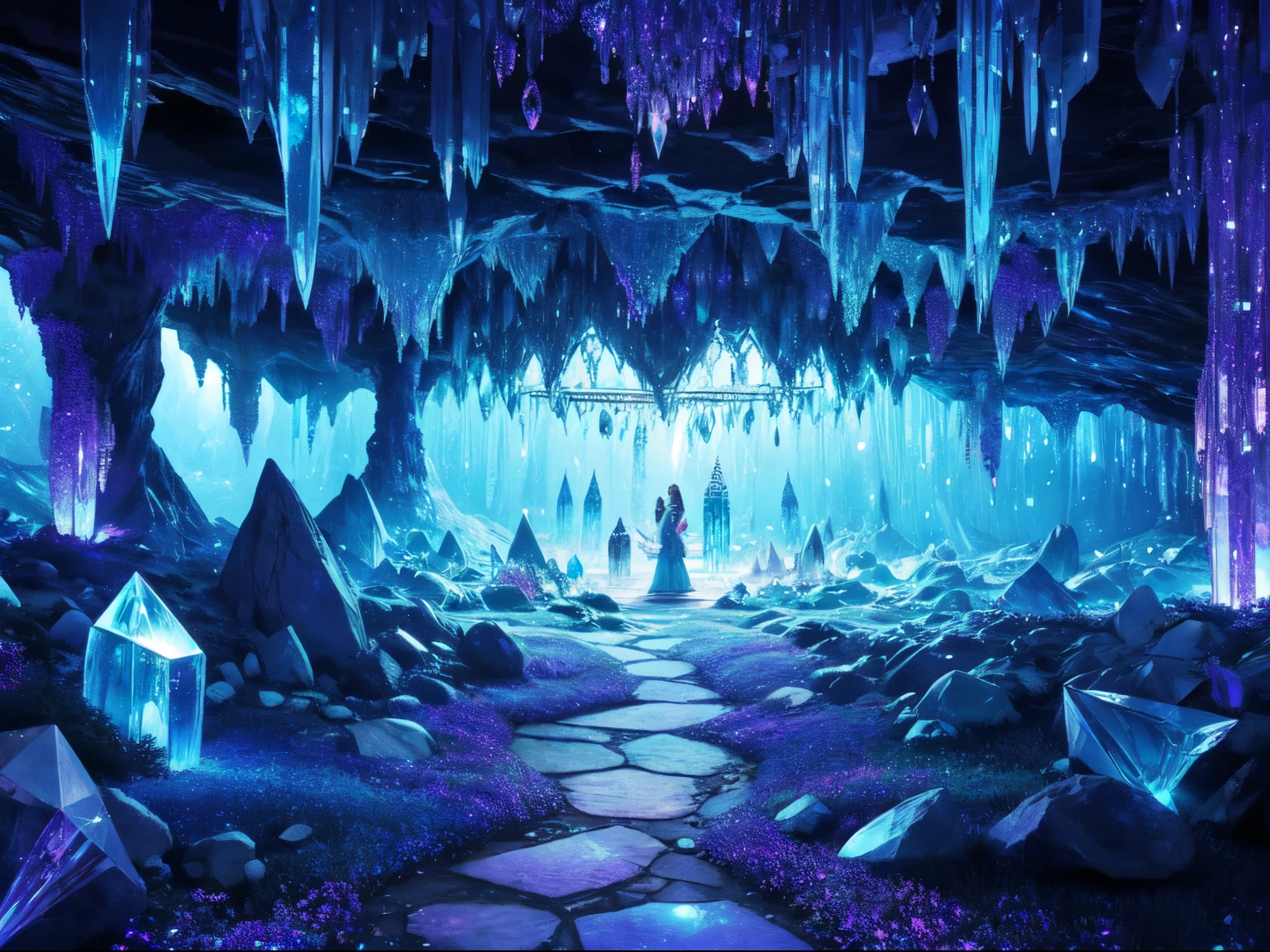 Create a digital art image of a mystical and beautiful crystal cave, filled with various types of enchanting crystals. The cave's interior is a hidden wonder, with walls and ceiling adorned with crystals of different sizes and colors. These crystals glow softly, creating a mesmerizing ambiance with a palette of jewel tones and serene lighting. The style is fantasy, focusing on the intricate details of the crystals and the ethereal quality of the cave.
