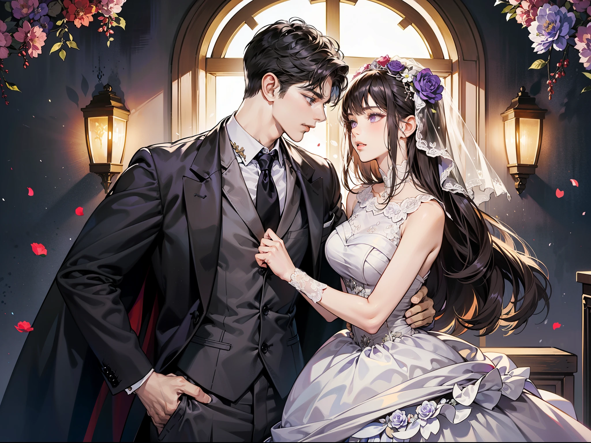 couple, 1 man 1 woman, different hair color, extremely detailed face, ((woman with Long dark black front bang hair with and purple eyes)), man with short dark brown hair and dark grey eyes, face to face, 25 years old, Victorian era, (woman wears a wedding dress and holds a flower), (man wears a suit and a long black cape), dim light, boy is taller, (getting married), (dark purple eyes woman), (dark grey eyes man), in the wedding ceremony