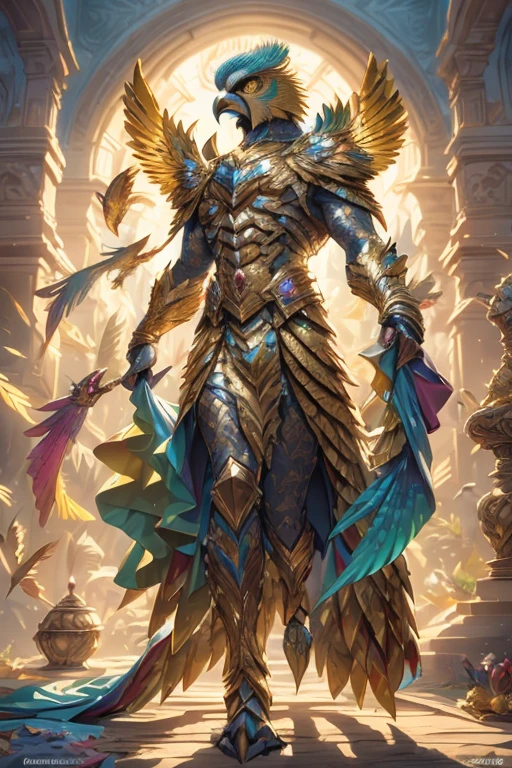 Gold, male, golden hawk, hawk in full golden armor, (((large hawk head, hawk head instead of a human head))), (wings on back, wings coming out of back,his wings spread), (( hawk head, hawk beak, long pointed beak, golden feathers, glowing golden eyes)), glow, shiny, shine, talons, talons for hands, talons for feet, sunbeams coming from man, radiating light from man, facing viewer, long feathers jutting off of head, ornate golden armor trimmed in jewels