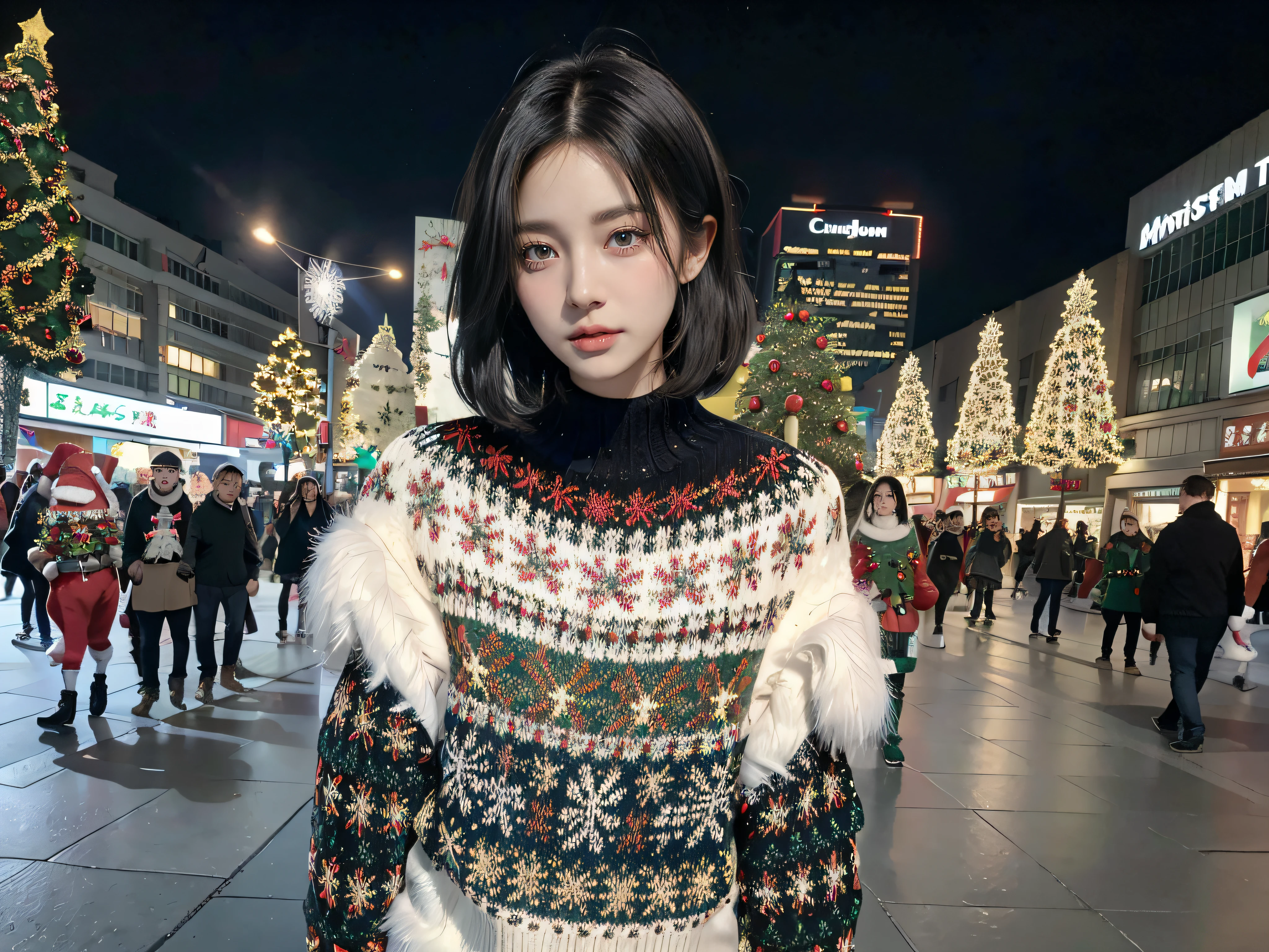 Realistic, Picture, CANON EOS D5, Well Lit, Wide Angle Camera, High Resolution, 8K Cinematic, Real Life Picture, Realistic Style, Movie Style,Realism,
Detailed Background, Beautiful Christmas Tree in the streets of tokyo, Tokyo Streets, Christmas Ambiance, crowded street
Full_Body, Full Body, Solo_Female, Solo Female, beautiful Black haired slender Russian Girl posing alluringly, Sexy Pose, Provocative Pose, short Black_Hair, Black Bob Hair, Short Bob Hair, ((Bob_Hair:1.2)),Woolen Red_Christmas_Sweater, ((Christmas_Sweater:1.5)), Perfect Proportions, Perfect Height, Perfect Anatomy, Detailed Face, Detailed Eyes, detailed facial features, perfect face, Russian_Girl:1.5, Perfect Body, perfect breasts, Realhands, Realistic Hands, Beautiful Hands, Perfect_Hands, Perfect_Fingers, Perfect_Thumb