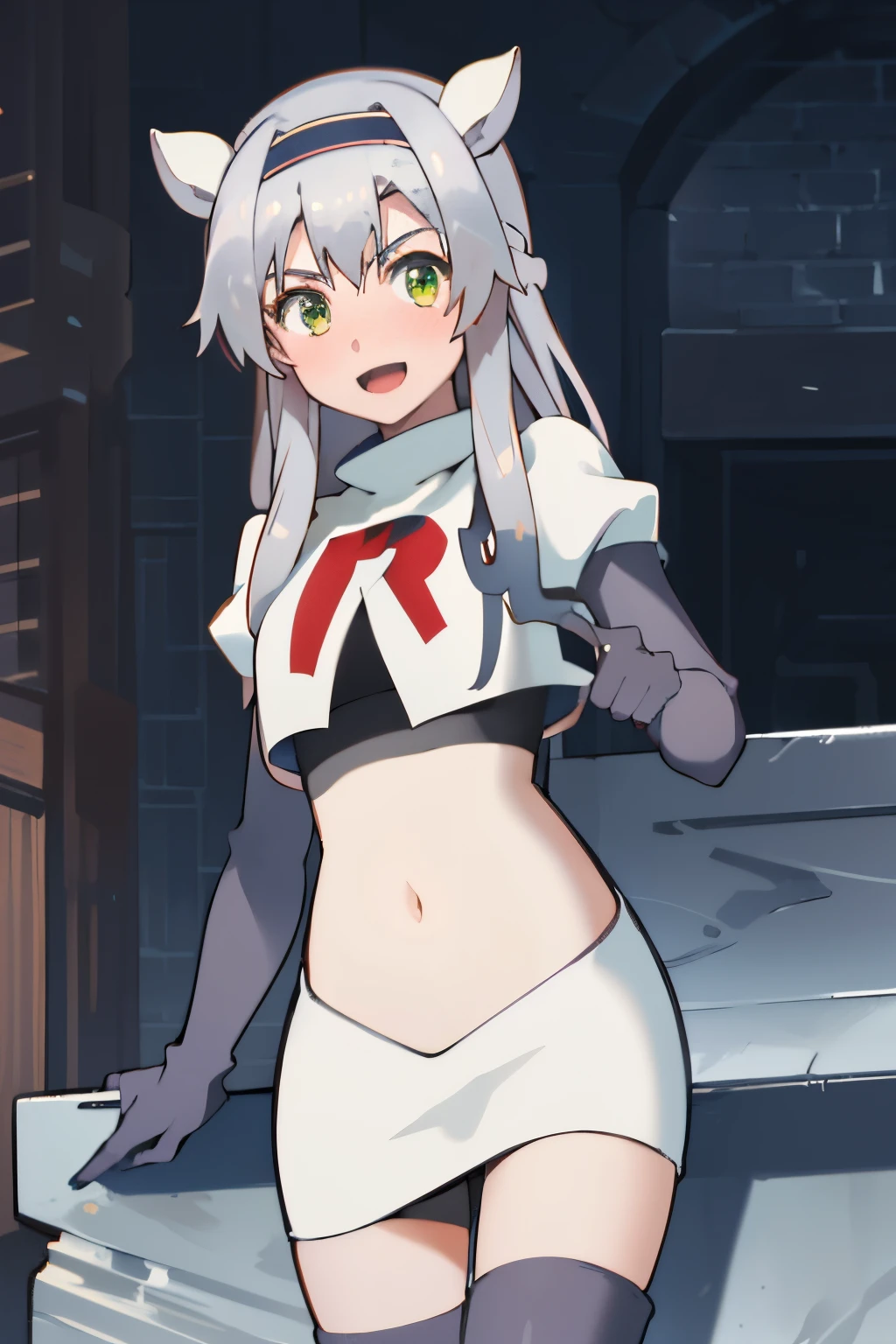 best quality, (masterpiece:1.2), detailed, medieval,
Sistine Fibel,
1girl, solo, open mouth, light smile, blush,
long hair, grey hair, green eyes, blue hairband, animal ears,
team rocket,team rocket uniform,white skirt,crop top,red letter R,black thigh-high boots,black elbow gloves,