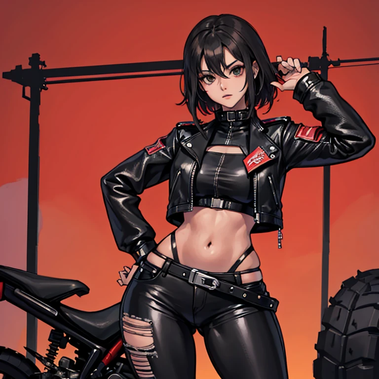 Chica sola punk motociclista,rebel position, con casco negro con picos, curvy and very athletic slim build, caderas anchas, piernas largas y gruesas, culo enorme muy grande, tight and ripped black leather pants, mallas negras en las piernas, botas negras grandes con picos, chaqueta de cuero roja, Black bra, gargantilla, robotic arm, escenario de carretera en el desierto con cactus