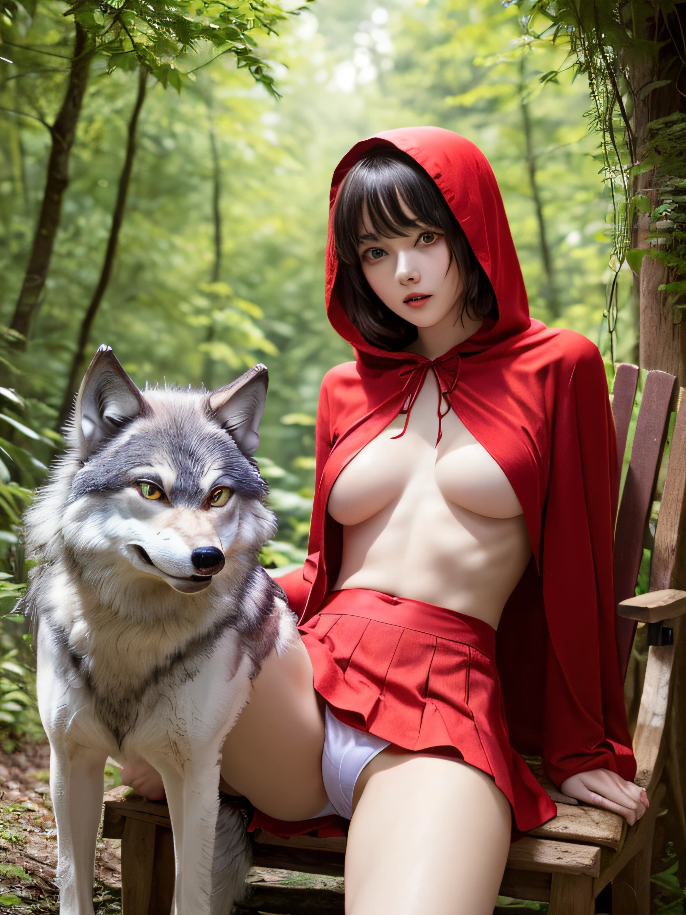 European Beautiful Girl、(Super beautiful)、(beauitful face:1.5)、(A detailed face)、( Little Red Riding Hood sitting on a chair in a forest hut)、(Wearing a red hood:1.2)、(with spreading legs:1.2)、(Show me my white panties from under my skirt:1.1)、(Red mini skirt)、(middlebreasts)、(Dressing)、(wolf next to her:1.7)、(At SFW:1.5)