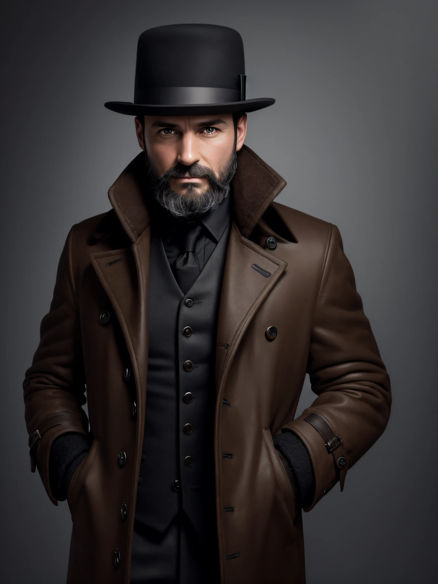 un homme, 40 ans, cheveux bruns, yeux gris, wrinkled face, avait une barbe, portant un chapeau melon noir, porter un manteau marron vintage, porter des mitaines noires, Ultranet, high resolucion, 8k