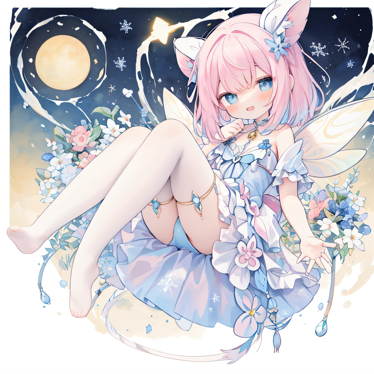 (PastelColors:1.3)、(Cute illustration:1.3)、(watercolor paiting:1.1)、(Wearing large transparent fairy wings with polka dots。。。。。。。。。。。。。。。：1.3),Falling from the sky,Head down, feet up, Blue haired girl,improve,ultra wide-angle  ,Detailed background、Smile with open mouth、Beautifully detailed、Moya、colourfull、marble、Particles of light、Pattern ROM side、Shirayuki Noel、Snowflake、
Detailed drawing、Vibrant colors、striking contrast、intricate detailes、Delicate depiction、Luminescent、full body Esbian、From the side、Beautiful facial features、appropriate color eyes、Wearing intricate and delicate ornaments、glowing aura、Radiant hair,Illuminated by the morning light、Summer wreaths、Pale yellow background、Fairy with a bouquet Fairy、A pink-haired、Bun head、jumpping、levitation、Thick wool gown:0.4