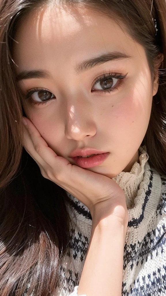 Argada woman with long brown hair and a white sweater, young adorable korean face, Jinyoung Canela, wan adorable korean face, Jaeyeon Nam, Heonhwa Choe, Parque Roseanne do Blackpink, Bae Suzy, Lalisa Manobal, olhos macios e queixo estreito, korean face features, cara muito bonita, Ulzzang, Parque Ji-min