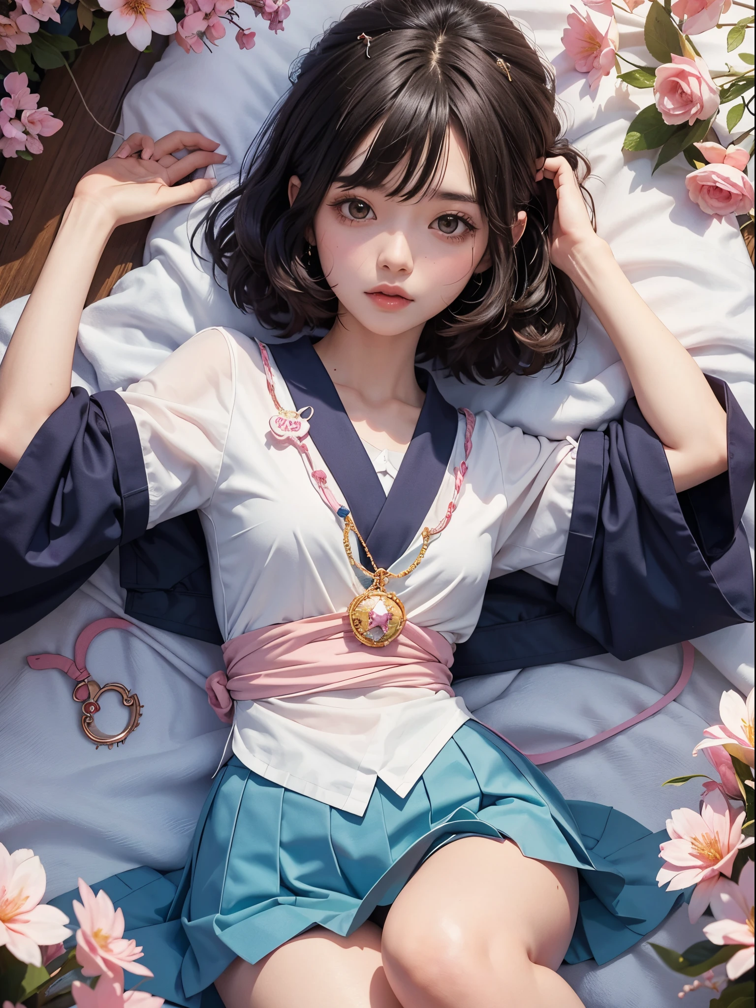 (perfect shadow:1.2),(best illumination:1.3),(high quality:1.1),(best lighting:1.2), An ancient korean beauty, laying on the grass , school uniform murals, gorgeous ancient korean , korean uniform costumes, flowing tulle, exposed navel, random hair color , flower hairpins, cgstation popular --v 6