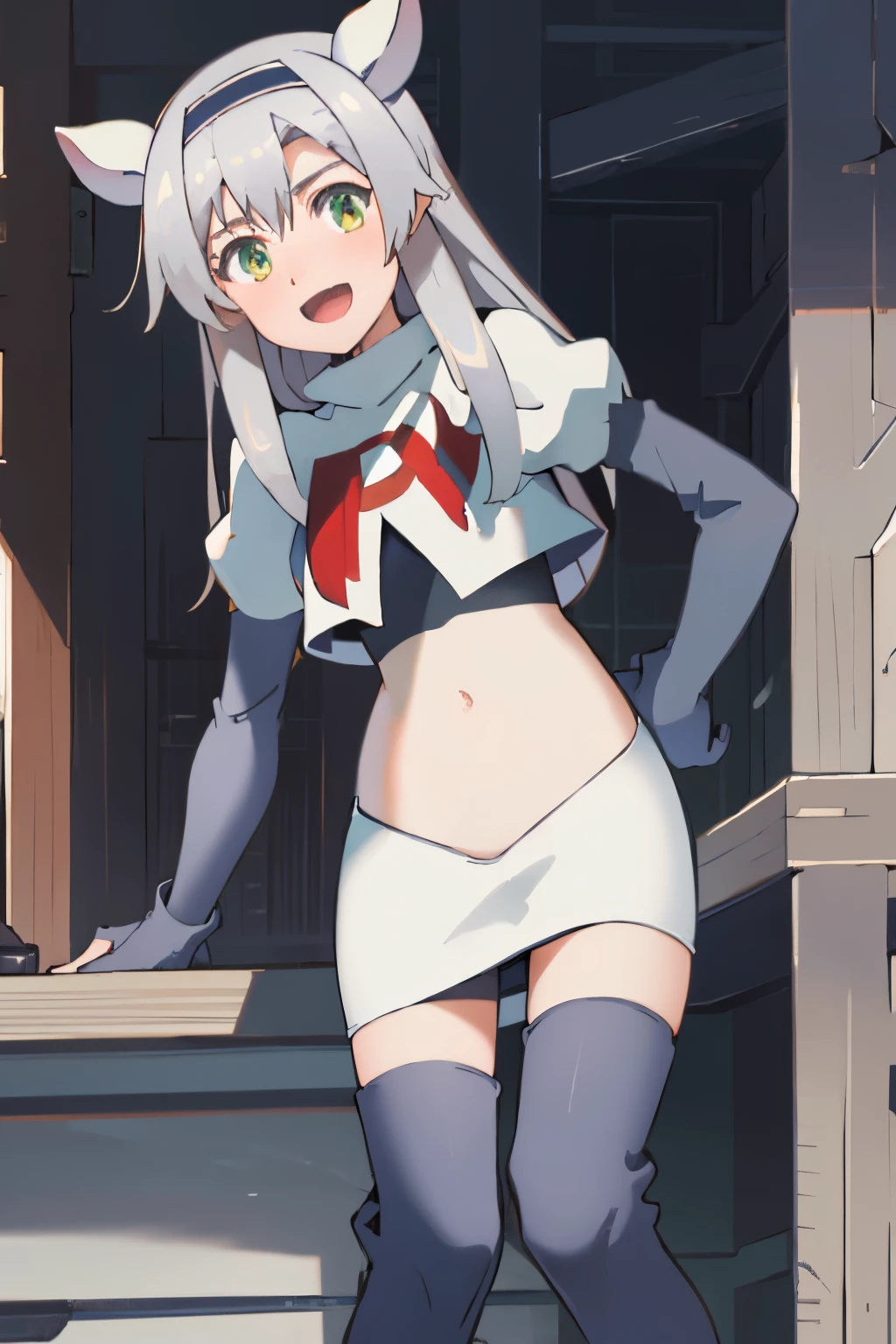 best quality, (masterpiece:1.2), detailed, medieval,
Sistine Fibel,
1girl, solo, open mouth, light smile, blush,
long hair, grey hair, green eyes, blue hairband, animal ears,
team rocket,team rocket uniform,white skirt,crop top,red letter R,black thigh-high boots,black elbow gloves,