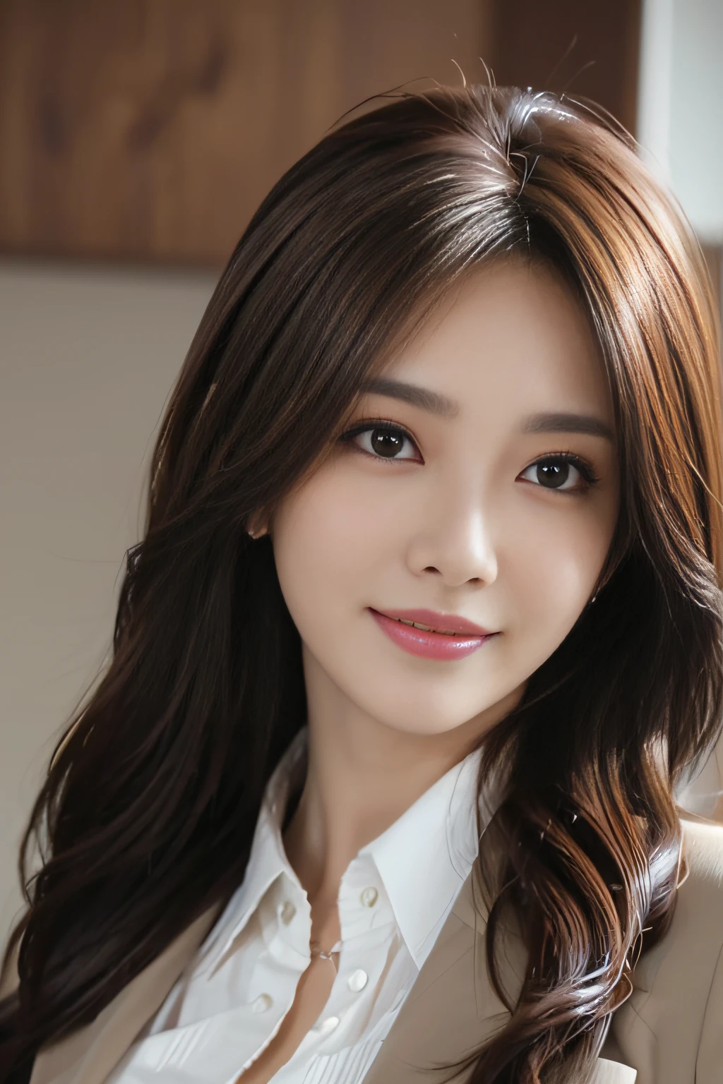 masutepiece, Best Quality, Photorealistic, Ultra-detailed, finely detail, High resolution, 8K Wallpaper, 1 beautiful woman,, light brown messy hair, in a business suit, foco nítido, Perfect dynamic composition, Beautiful detailed eyes, detailed hairs, Detailed realistic skin texture, Smiling, Close-up portrait, Model body type