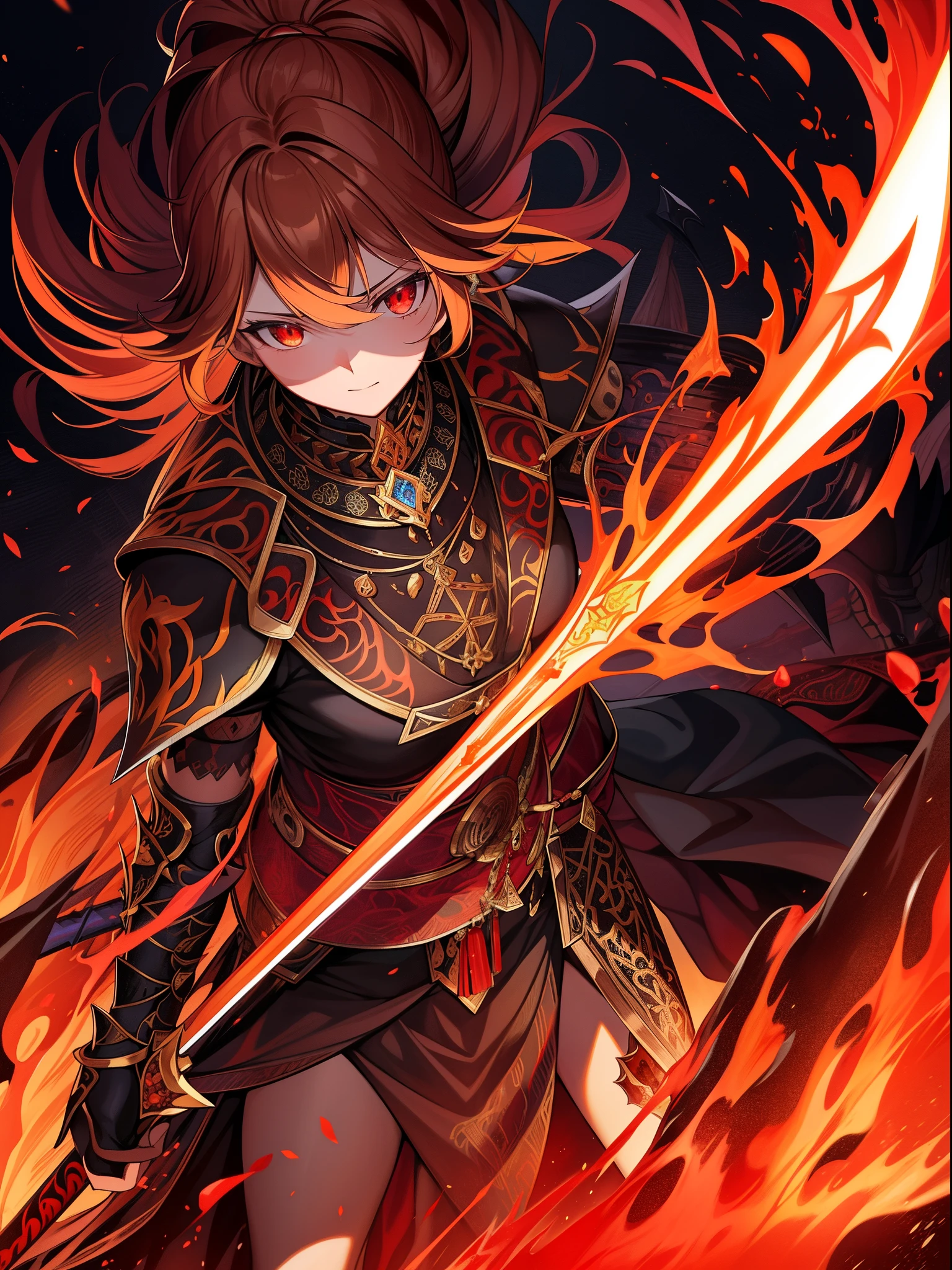 "Molten lava drips onto the obsidian blade、fiery mythical sword, Decorated with demonic runes, meticulously detailed, Complex items and equipment are listed side by side."