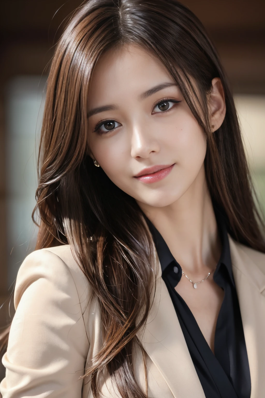 masutepiece, Best Quality, Photorealistic, Ultra-detailed, finely detail, High resolution, 8K Wallpaper, 1 beautiful woman,, light brown messy hair, in a business suit, foco nítido, Perfect dynamic composition, Beautiful detailed eyes, detailed hairs, Detailed realistic skin texture, Smiling, Close-up portrait, Model body type